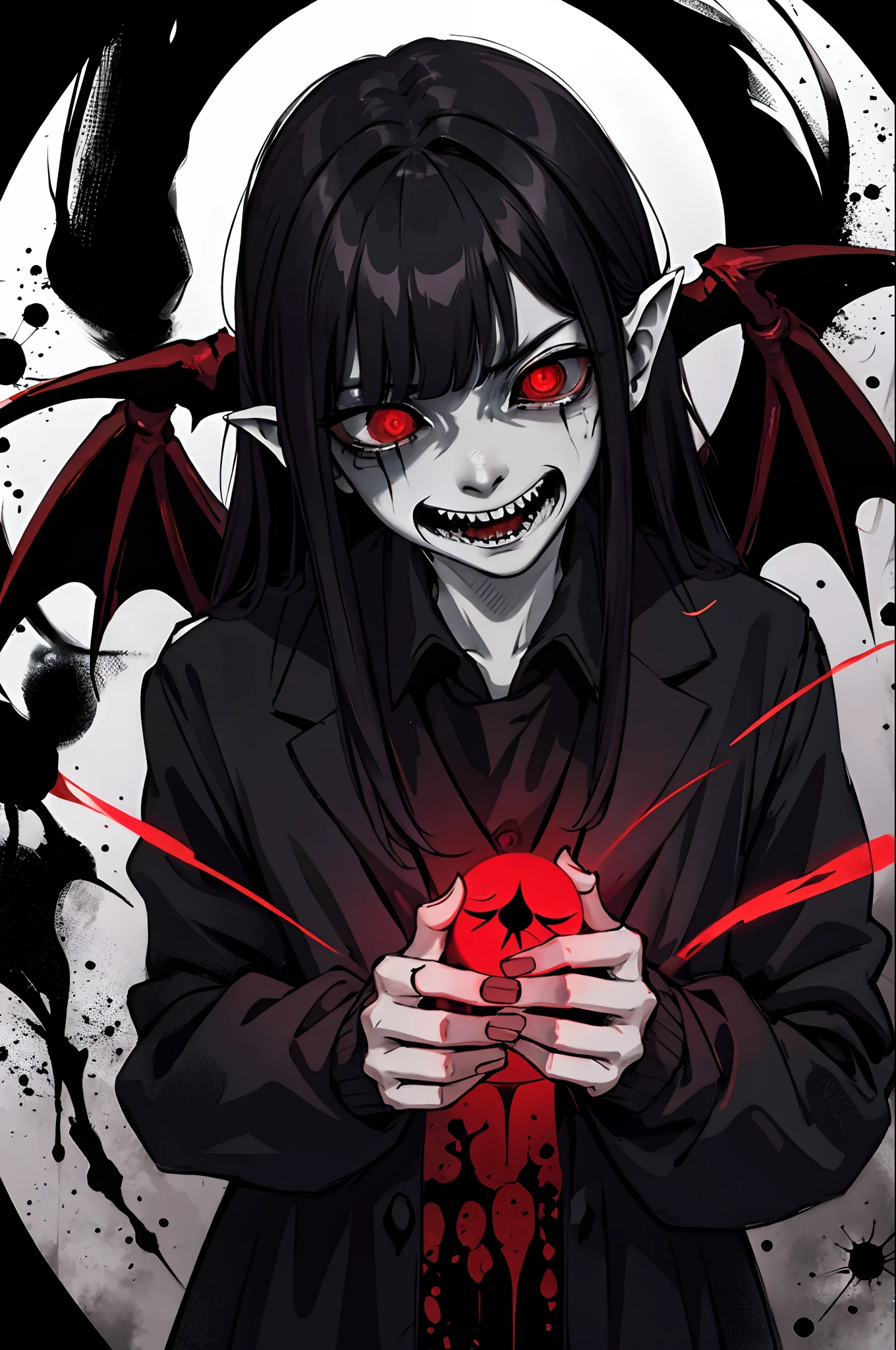 (masterpiece, best quality, ultra-detailed, highres, best illustration),full body, short, perfect face, beautiful face,(Meteion),short black hair, grey eyes, Black blood covered clothing, mischievous smile, fangs, mischievous look, (blood covering hands and face:1.3), (female focus), (1girl),head wings:1.4, <lora:Meteion:1> <lora:GoodHands-vanilla:1>