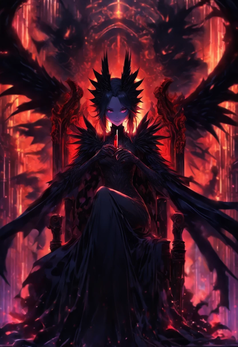 handsome girl, Black leather suit, membranous wings , Girl drinks a glass of black blood, Evil smile, Dark Metal Throne, Throne Room.