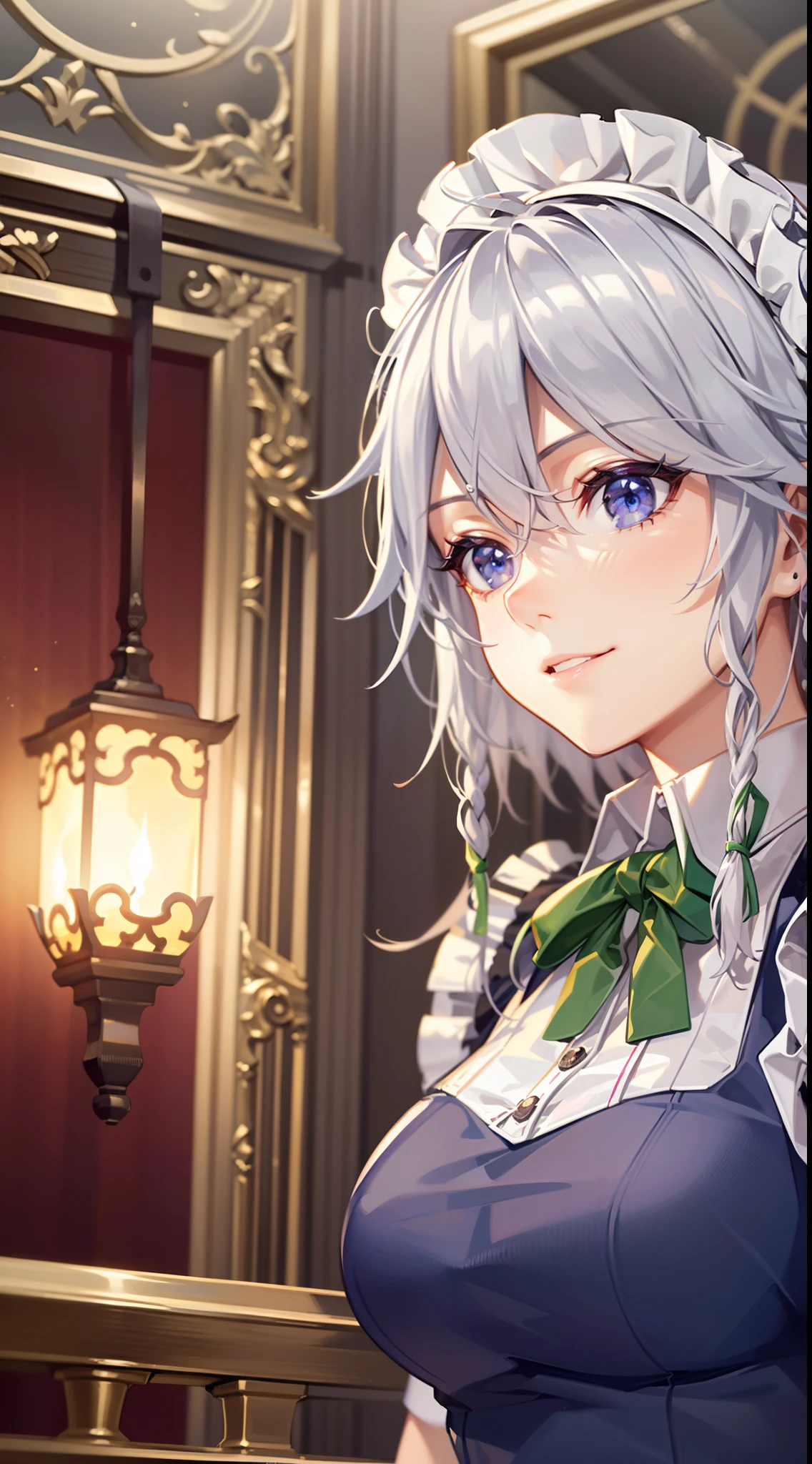 (Unity 16K Wallpaper, masutepiece, Best Quality, Ultra-detailed, extremely details CG, Cinematic lighting, Detailed, Beautiful detailed eyes, Solo),超A high resolution,Fine skin,A sexy,maid, maid apronl, Maid headdress,seductive smile,from below, indoors,