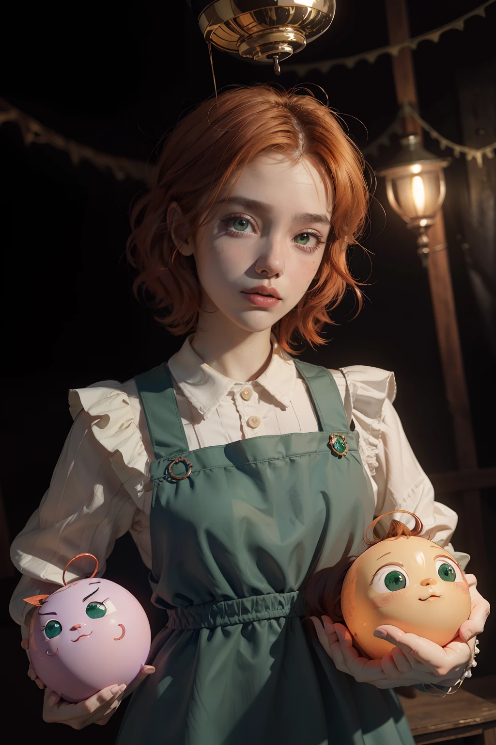 concept art, overhead angle of a Will-o'-the-wisp, wearing Funny Somali Emerald deep orange Pinafore, Caramel hair styled as Short hair, fluorescent purple Hair tie, equirectangular 360, Highres,  [(art by Willi Baumeister:1.1), (art by John T. Biggers:1.2)::17], official art, unity 8k wallpaper, ultra detailed, aesthetic, masterpiece, best quality, photorealistic