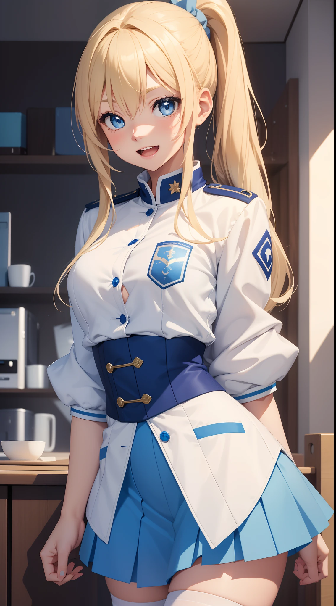young girl, longue blonde hair, Two ponytails, blue eyes, White jacket, short sleeves, blue tight top, Blue skirt, pantyhouse, Smile, open mouth, Masterpiece, hiquality, 4k, HD, Good detail