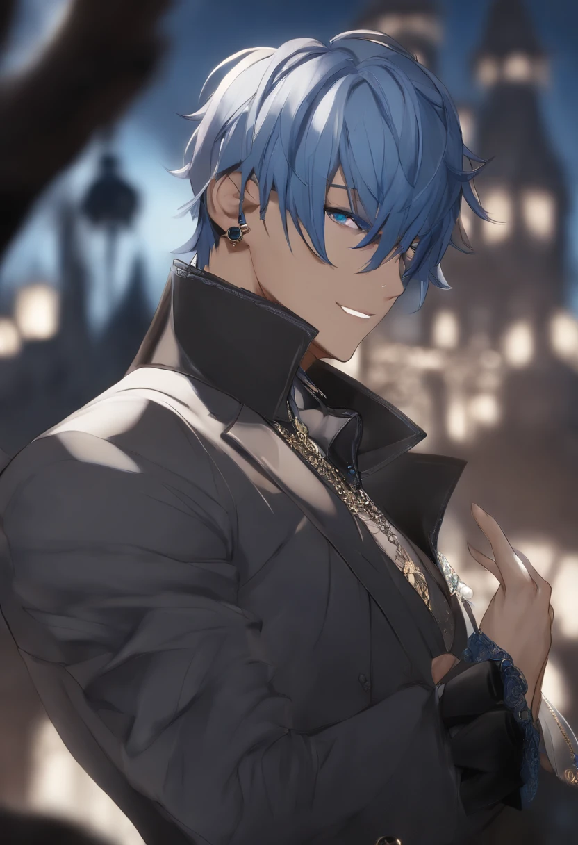 (manly:1.5), kaeya (genshin impact), (1boy:1.4), (male focus:1.5), (eyepatch:1.2), dark-skinned male, gloves, solo, jewelry, blue hair, earrings, (long hair:1.1), blue eyes, single earring, dark skin, bangs, black gloves, smile, fingerless gloves, closed mouth, (centered:1.4), (dynamic pose:1.5), (intricate details:1.2), 8k wallpaper, (Highest picture quality:1.5), (8k:1.4), (Masterpiece), (ultra-detailed), (Detailed eyes:1.4), (sharp details:1.3),