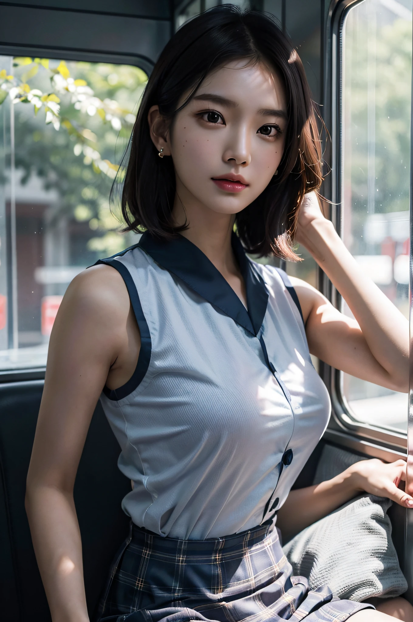 (very huge round breasts, perfect anatomy:1.3), (full body shot:1.5), (short hair, wavy hair:1.1), (Korean school uniform, summer school uniform shirt sleeveless:1.4), RAW photo, extremely delicate and beautiful, masterpiece, Best Quality, ultra high resolution, 16k, hyperrealistic, ultra-detailed, Very detailed CG 8k wallpaper, Beautiful Lighting, Perfect Lightning, Realistic Shadows, super Detailed shiny skin, perfect figure, Japanese woman, late 20s, very Slim body, narrow waist, very small head, handsome detailed woman, very detailed eyes and face, realistic face proportions, Stunning detailed eyes, Realistic beautiful face, very small face, Realistic small beautiful eyes, double eyelids, makeup, tearful mole, mole on chest, earring, on the train,