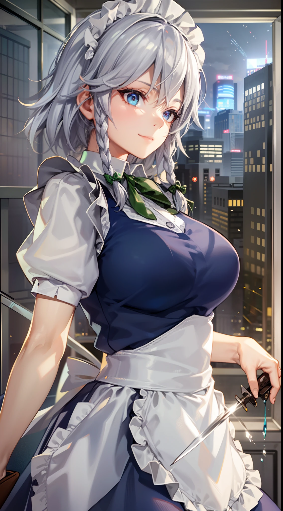 (Unity 16K Wallpaper, masutepiece, Best Quality, Ultra-detailed, extremely details CG, Cinematic lighting, Detailed, Beautiful detailed eyes, Solo),超A high resolution,Fine skin,A sexy,maid, maid apronl, Maid headdress,Knives,Seductive smile,From below,throwing knife,Floating hair, Outdoors, Wind, Indoors,