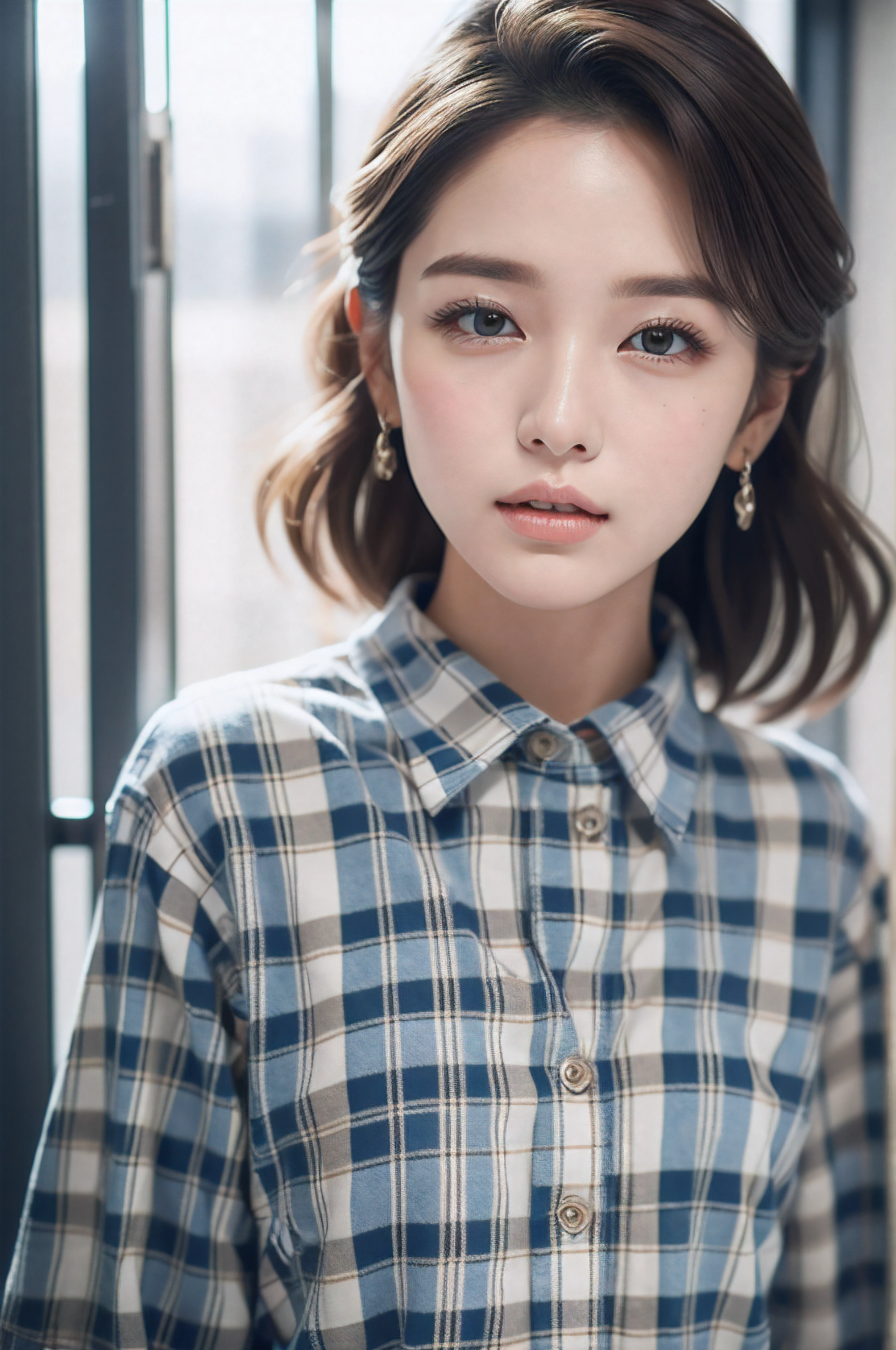 denim pant、Gingham plaid shirt、pumps、A detailed face、Detailed lips、A detailed eye、luslous skin、One Person