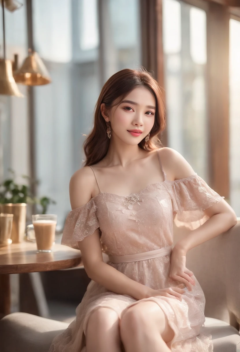 (best quality,4k,8k,highres,masterpiece:1.2),ultra-detailed,(realistic,photorealistic,photo-realistic:1.37),Chinese girl,beautiful long hair,gorgeous face,double eyelid,OOTD outfit,Starbucks cafe,sitting,holding Starbucks coffee,portrait,brunette hair,sparkling eyes,pink cheeks,elegant pose,dressed in a fashionable dress,stylish accessories,warm sunlight streaming through the window,soft bokeh background,pleasant atmosphere,happy expression,vibrant colors,artistic photography,popular social media look,TikTok-ready,viral-worthy image