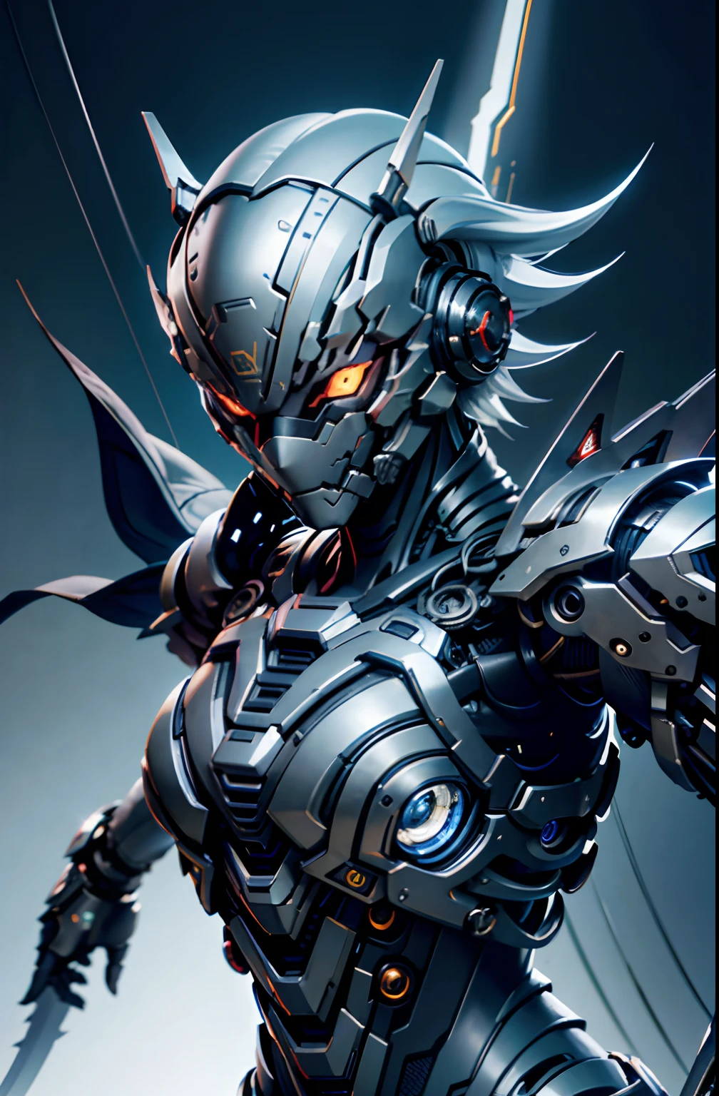 Fantasy、Wearing a metal mask、Silver hair color、Super short hairstyles、cyberpunked、(Double Sword、Scorpion Cyborg Woman、Das Veilchen:1.1)、1 woman、Mechanical technology、Robot Presence、Ninja-like fighting stance、Cybernetic Guardian、