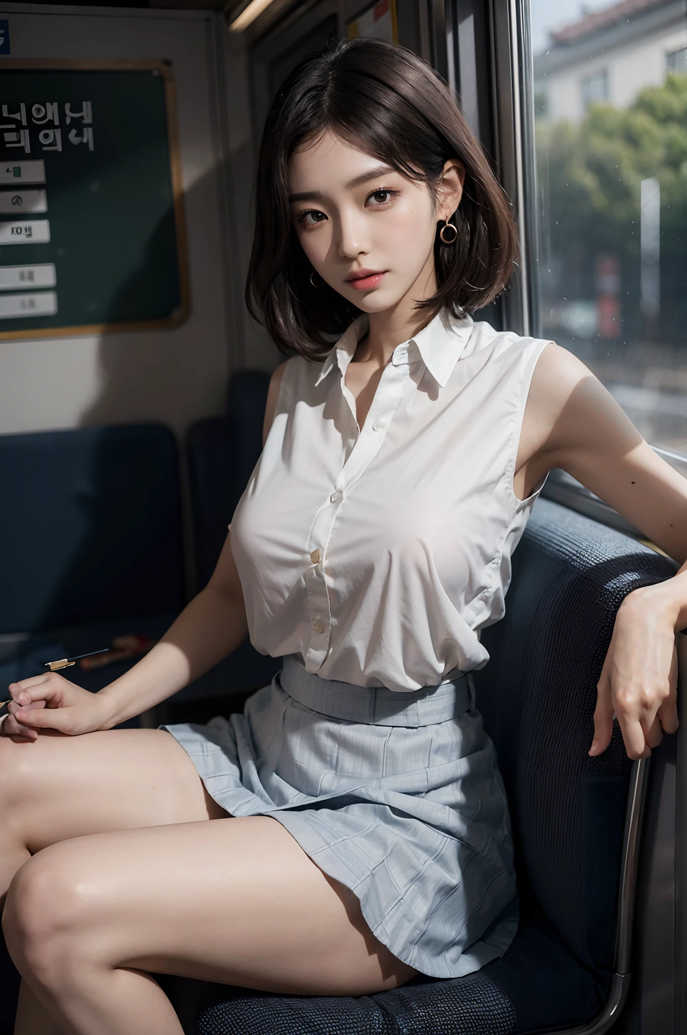 (very huge round breasts, perfect anatomy:1.3), (full body shot:1.4), (short hair, wavy hair:1.1), (Korean school uniform, summer school uniform shirt sleeveless:1.4), RAW photo, extremely delicate and beautiful, masterpiece, Best Quality, ultra high resolution, 16k, hyperrealistic, ultra-detailed, Very detailed CG 8k wallpaper, Beautiful Lighting, Perfect Lightning, Realistic Shadows, super Detailed shiny skin, perfect figure, Japanese woman, late 20s, very Slim body, narrow waist, very small head, handsome detailed woman, very detailed eyes and face, realistic face proportions, Stunning detailed eyes, Realistic beautiful face, very small face, Realistic small beautiful eyes, double eyelids, makeup, tearful mole, mole on chest, earring, on the train,