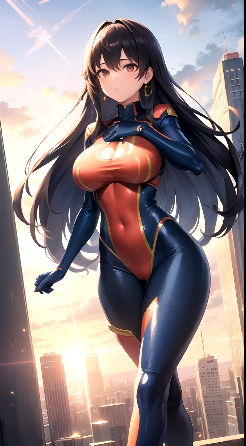 (1girl), (superheroine, giantess), cool and mature, long hair, earring, (bodysuit, spandex), (blue orange white, costume), in town, (tower sized woman)++, dynamic pose, dynamic angle, (large breast)+, (skinny leg)+, long legs, thighhighs, boobs window, landscape, cityscape, in between skyscrapers, (Best quality), (masterpiece), (ultra details), glowing eye, particles, accurate simulation of light-material interaction, (perfect female proportions)