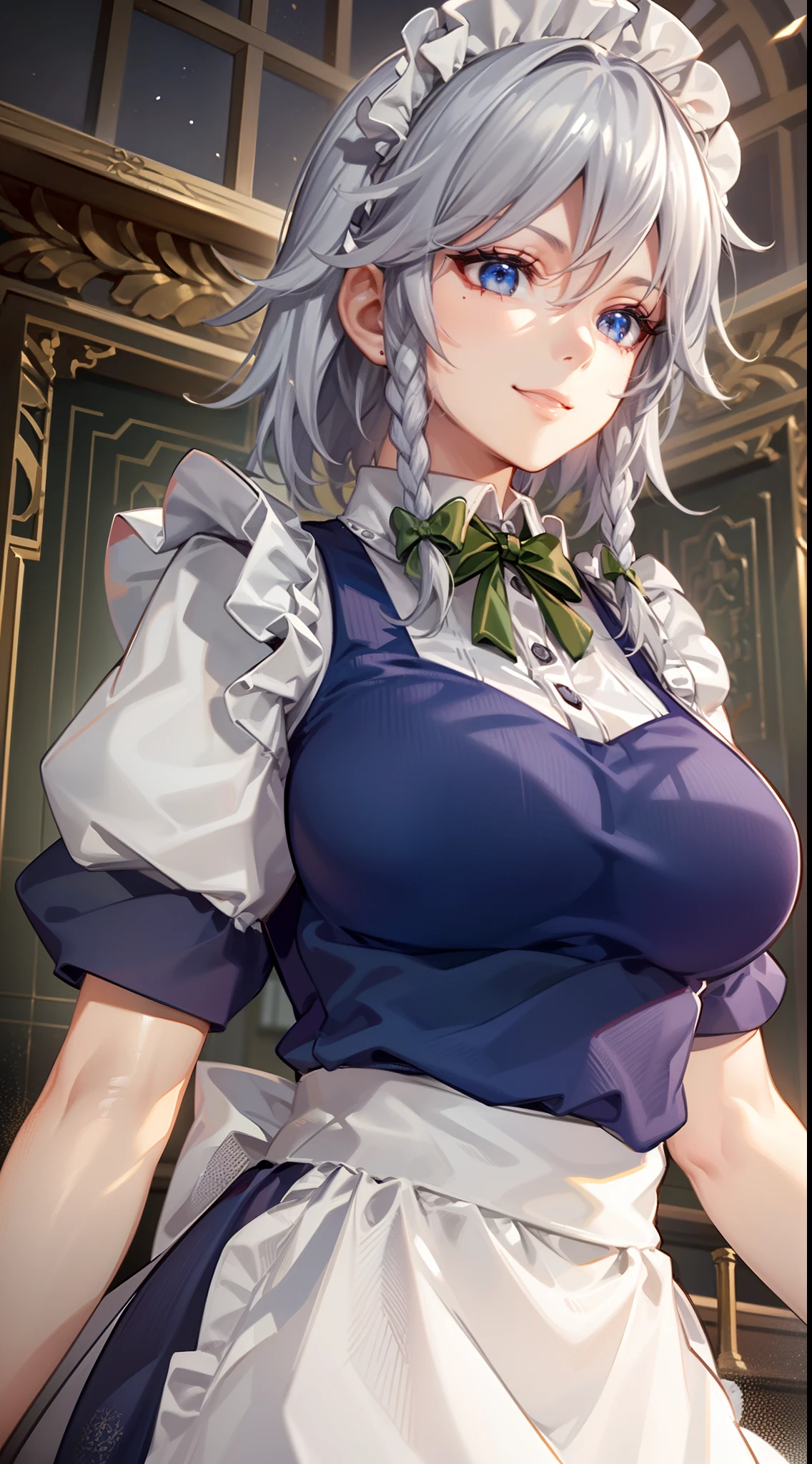 (Unity 16K Wallpaper, masutepiece, Best Quality, Ultra-detailed, extremely details CG, Cinematic lighting, Detailed, Beautiful detailed eyes, Solo),超A high resolution,Fine skin,A sexy,maid, maid apronl, Maid headdress,Knives,Seductive smile,From below, Indoors,