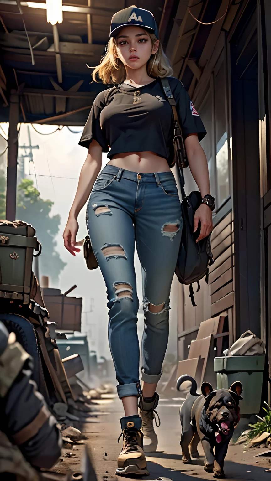 ((Best Quality)), ((Masterpiece)), (Very Detailed: 1.3), jungle , dirty shirt, dirty jeans, safety shoes, 1 girl, 1 puppy, huge breasts, weapon ak 47, baseball hat, survival, apocalypse, look behind, full body, walking away