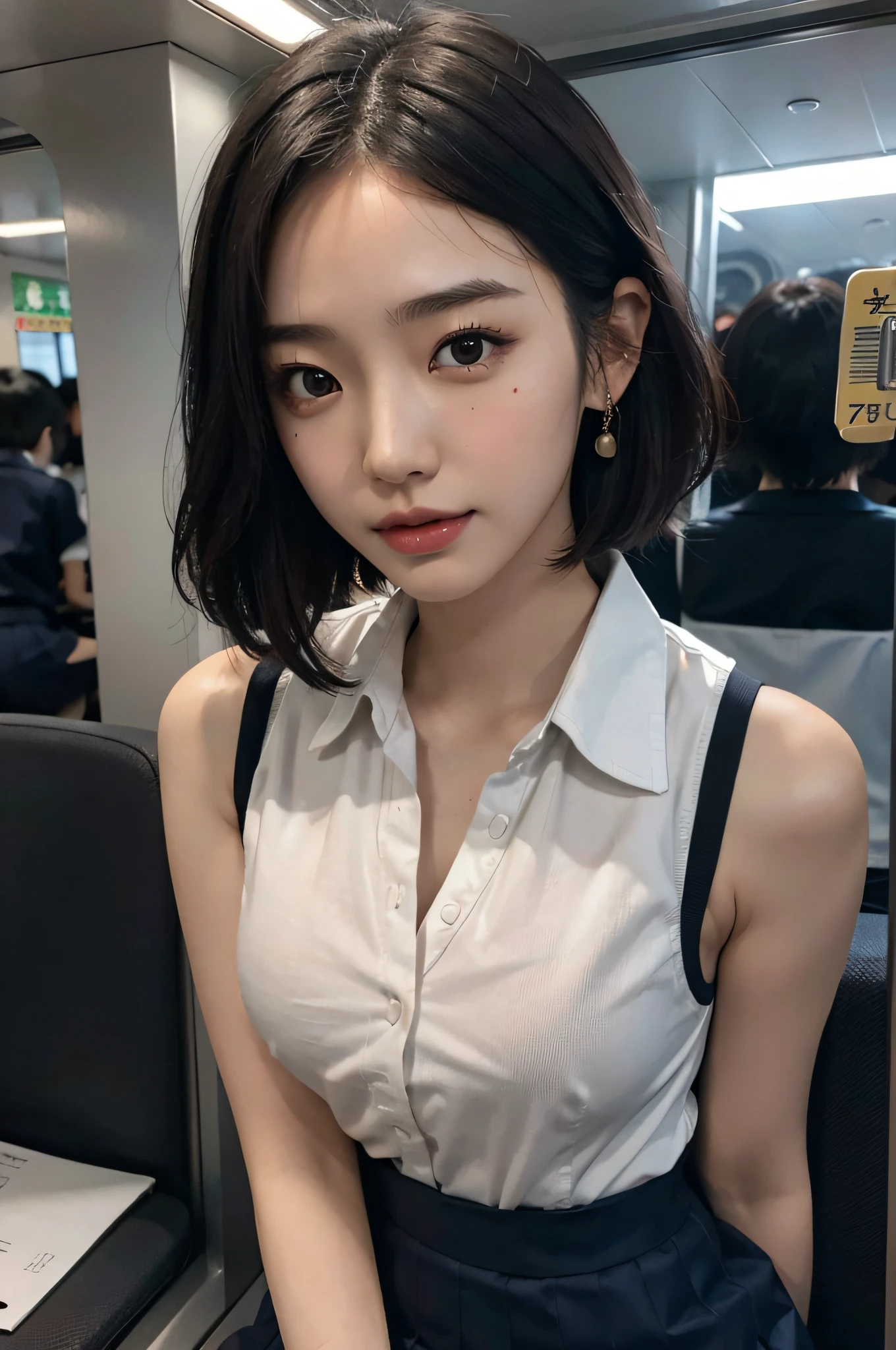 (very huge round breasts, perfect anatomy:1.3), (full body shot:1.4), (short hair, wavy hair:1.1), (Korean school uniform, summer school uniform shirt sleeveless:1.4), RAW photo, extremely delicate and beautiful, masterpiece, Best Quality, ultra high resolution, 16k, hyperrealistic, ultra-detailed, Very detailed CG 8k wallpaper, Beautiful Lighting, Perfect Lightning, Realistic Shadows, super Detailed shiny skin, perfect figure, Japanese woman, late 20s, very Slim body, narrow waist, very small head, handsome detailed woman, very detailed eyes and face, realistic face proportions, Stunning detailed eyes, Realistic beautiful face, very small face, Realistic small beautiful eyes, double eyelids, makeup, tearful mole, mole on chest, earring, on the train,