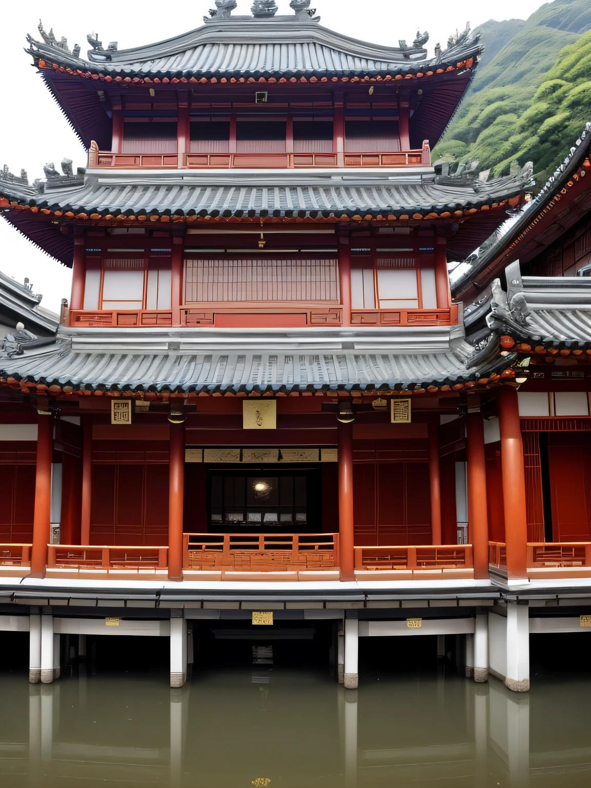 The building is reflected in the mirror on the building, 中 国 鬼 节, Middle metaverse, clubs, with ancient chinese aesthetic, Chinese style, surreal waiizi flowers, inspired by Itō Jakuchū, kyoto inspired, author:Gu An, Chinese architecture, By Leng Mei