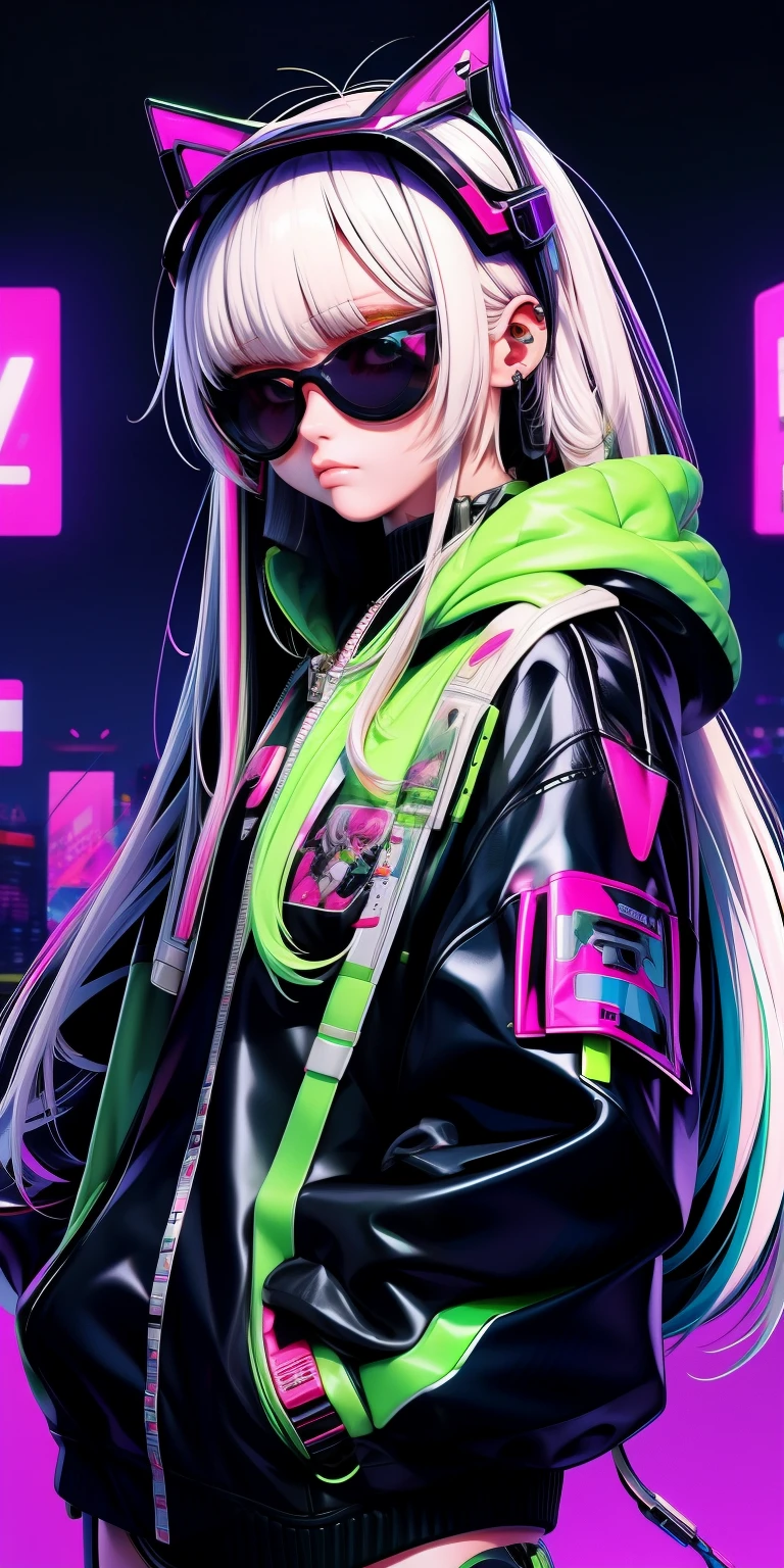 anime girl with white hair, straight face, straight body, poser, sunglasses, mall background, long messy green hair, cyberpunk anime girl in hoodie, white jacketcyberpunk anime girl, anime style 4 k, anime cyberpunk art, best anime 4k konachan wallpaper, digital cyberpunk anime art, female cyberpunk anime girl, digital cyberpunk - anime art, cyberpunk anime art, anime cyberpunk, cyberpunk streetwear, cyberpunk art style