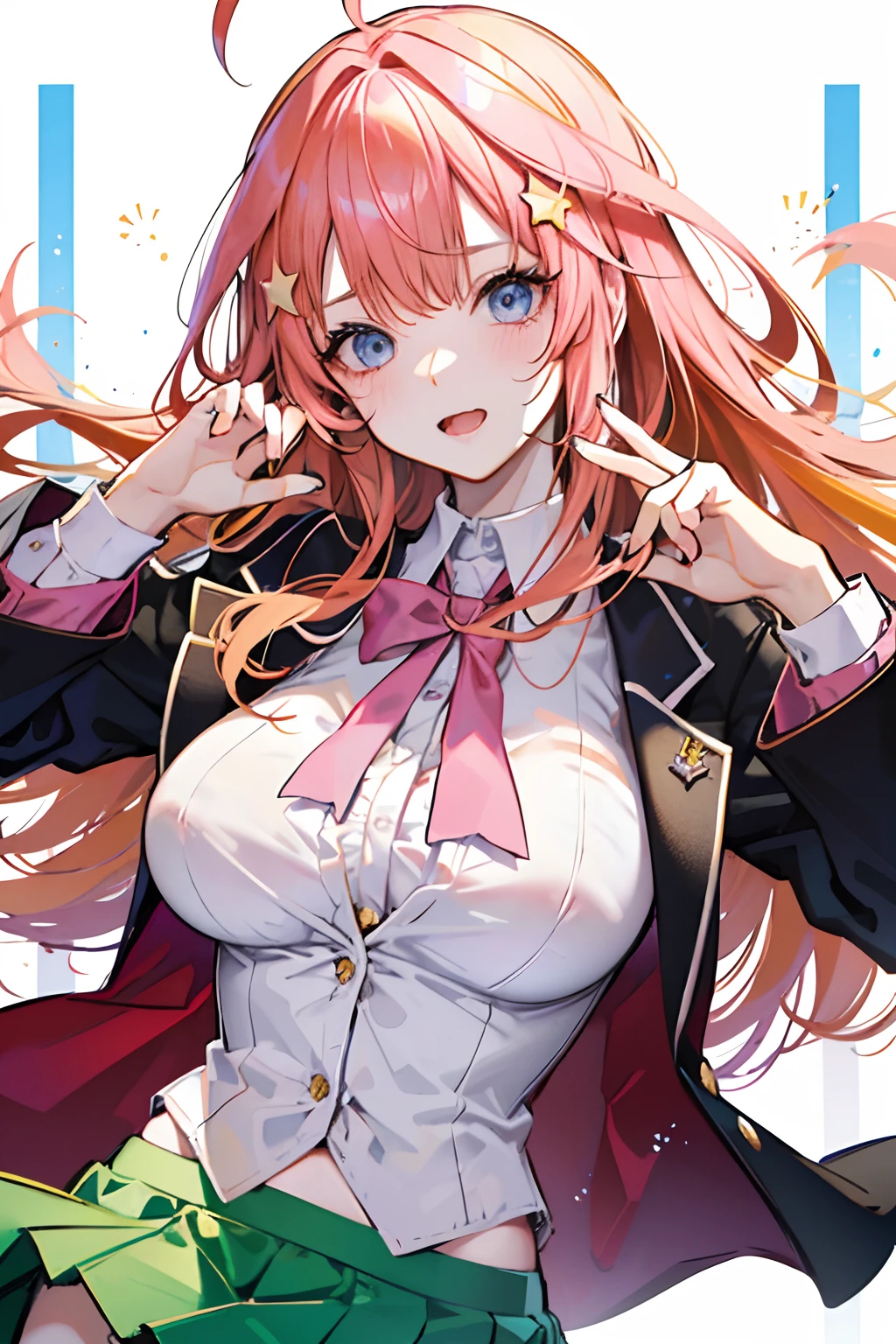NSFW,show off nipple,White background,Raising,Cool pose,Beautiful breasts,Colossal tits,yellow star hair ornament on both left and right,2 stars,Wavy Hair, blazer collar in white line ,pinky red hair,Solo,girl,orange hair highlights,,big bast,(Pink vest), Blue eyes ,{Black Blazer},Green skirt,floating, Ahoge,Top image quality,masutepiece