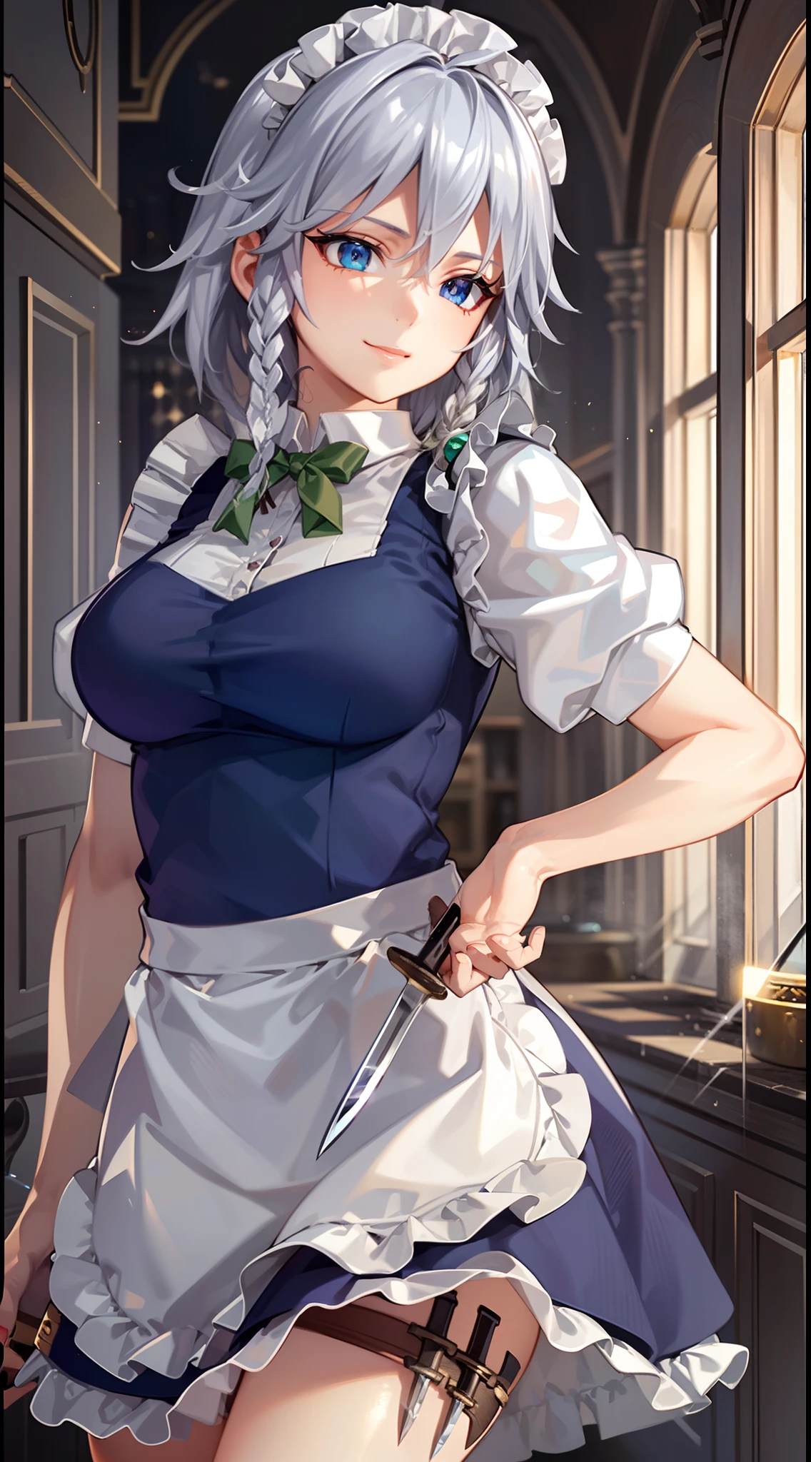 (Unity 16K Wallpaper, masutepiece, Best Quality, Ultra-detailed, extremely details CG, Cinematic lighting, Detailed, Beautiful detailed eyes, Solo),超A high resolution,Fine skin,A sexy,maid, maid apronl, Maid headdress,Knives,Seductive smile,From below,Holding a knife,Indoors,