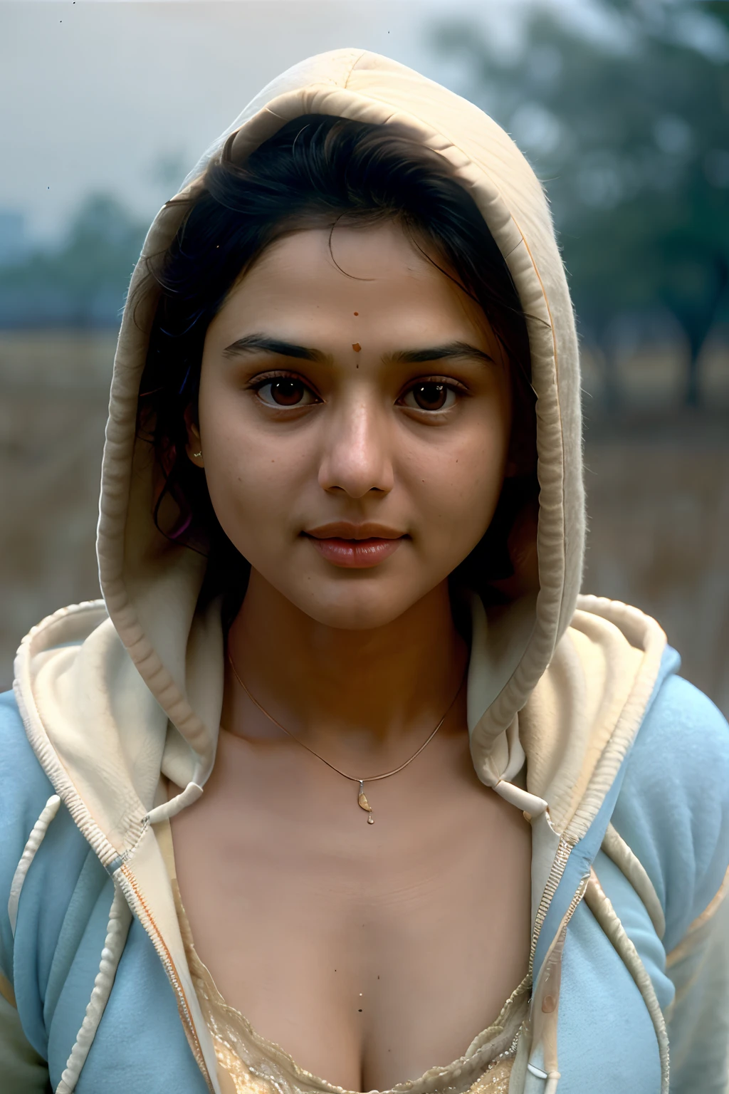 Cute, round face, wheat white skin, beautiful Indian college girl, wearing hoodie, slim and busty, brown , cleavage:0.2, looking at viewer, portrait, hyper detailed, detailed face,, POV, by lee jeffries nikon d850 film stock photograph 4 kodak portra 400 camera f1.6 lens rich colors hyper realistic lifelike texture dramatic lighting unrealengine trending on artstation cinestill 800,