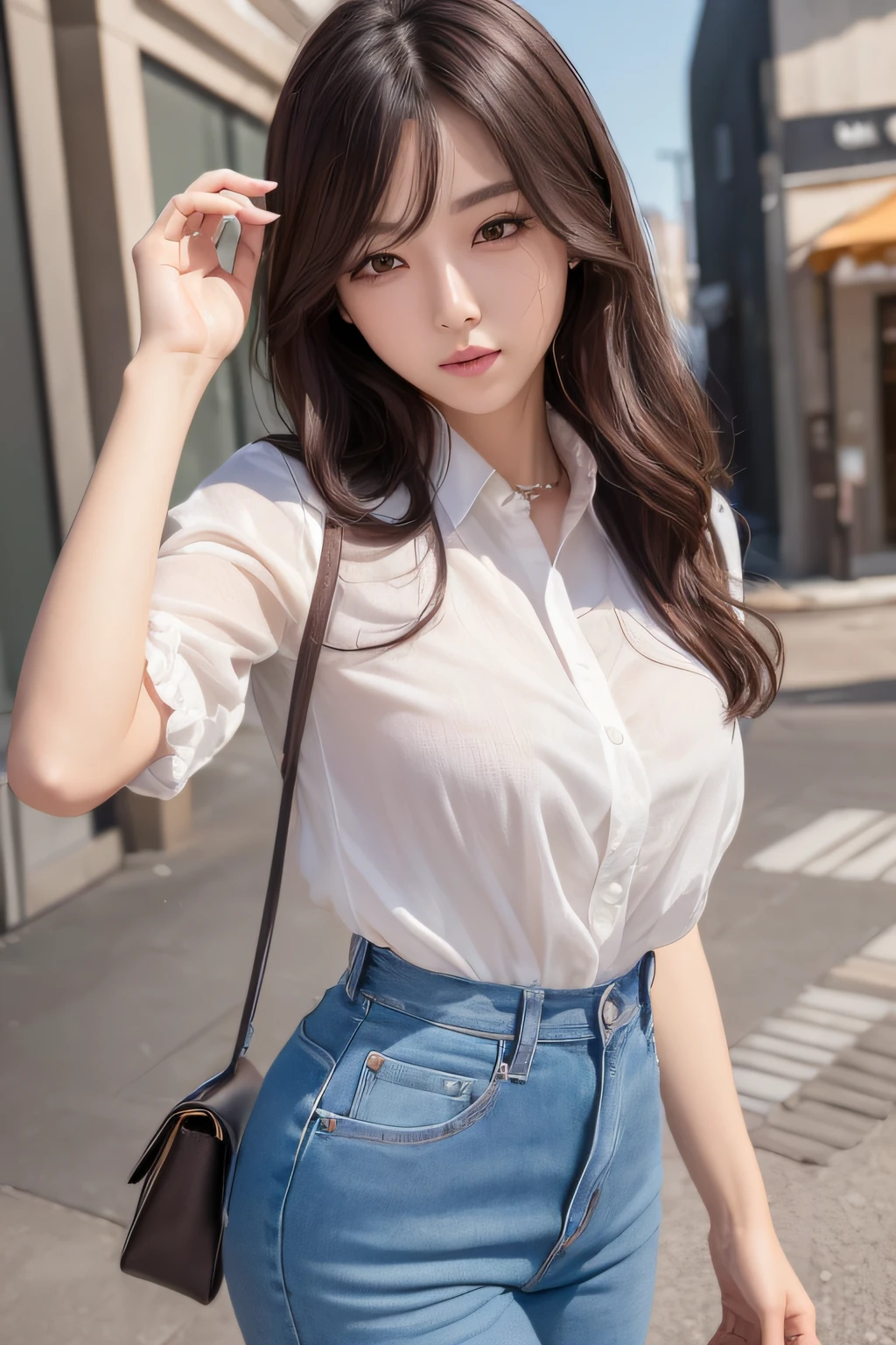 ((Top Quality, 8K, masterpiece )), 1girll, Sorrisos, (Full-body shot), Slim Faces, a pretty woman, (dark brown wavy hair), highly detailed face, (detailled eyes),Pretty hands,Slim Faces, Lovely Koreans, White shirt,I'm wearing jeans,Urban Background