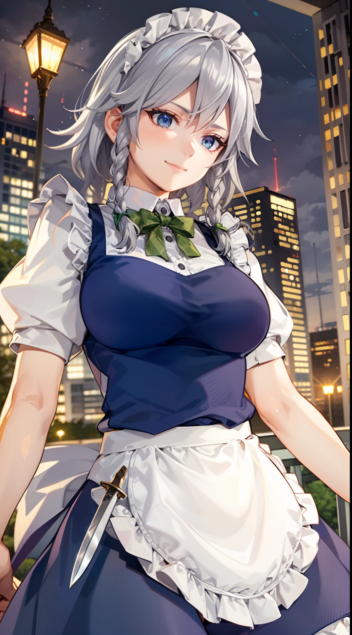 (Unity 16K Wallpaper, masutepiece, Best Quality, Ultra-detailed, extremely details CG, Cinematic lighting, Detailed, Beautiful detailed eyes, Solo),超A high resolution,Fine skin,A sexy,maid, maid apronl, Maid headdress,Knives,Seductive smile,From below,throwing knife,Floating hair, Outdoors, Wind, Indoors,