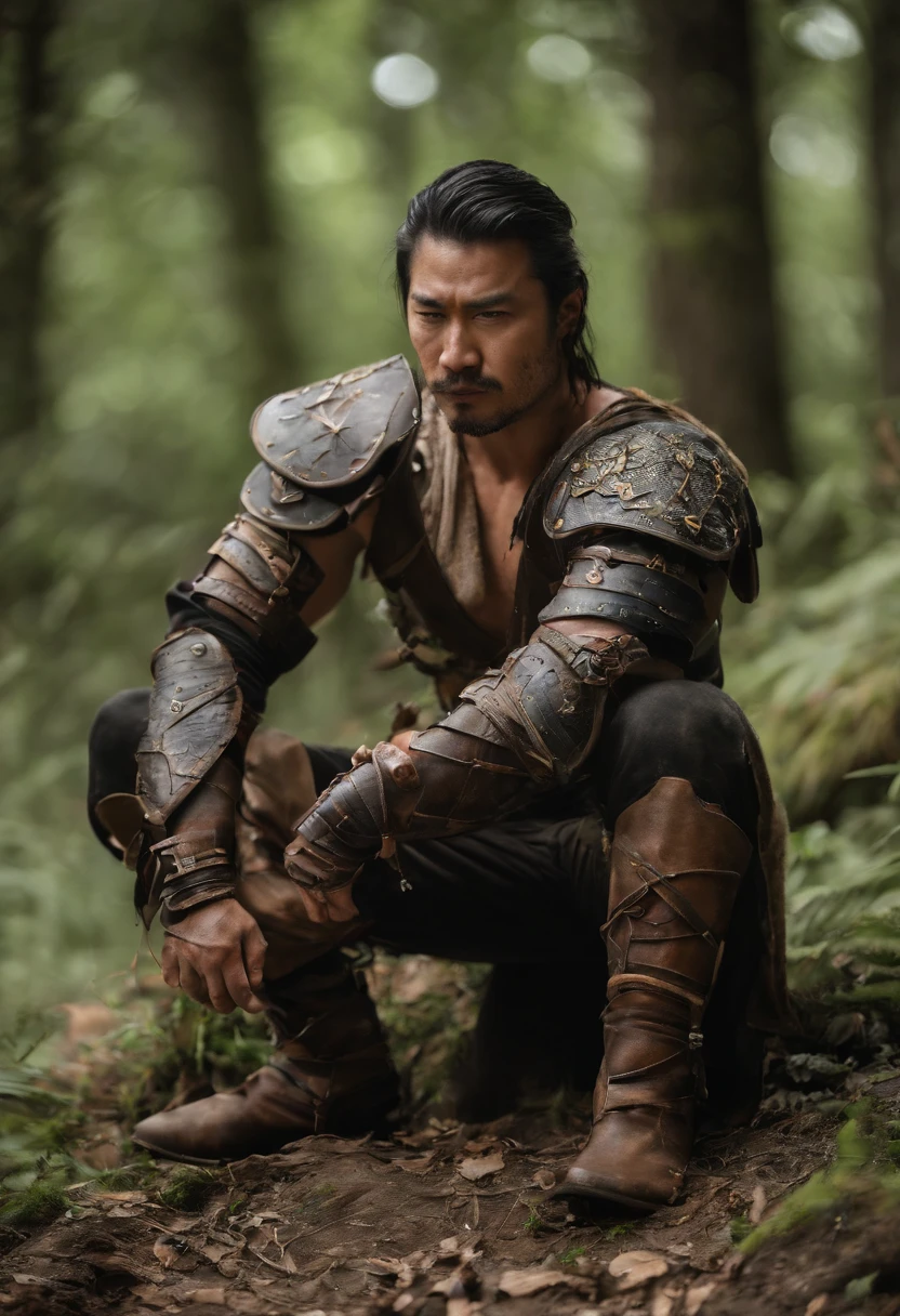 (((mtu))), (((best qualityer))), (((tmasterpiece))), (((AS-Adult))), ((( Japanese ))), Look up from your knees, Handsome Asian samurai，perfect body figure, Modern samurai, ((( Asian))), Wear gloves on your hands，The left arm is made of steel and metal tips，Made of protective devices, The eyes are pulled, (( Appears below the chest )), (( Small dental floss )), Simon Bisley, Almost naked（Simon Bisley）Castle City Wilderness，For high-resolution posters, hair straight, Minimum clothing, armure (Crazy clothes ), Full of tips and rivets, tribal tattoos, (((full bodyesbian))), Straight brunette hair，Colored hair ends