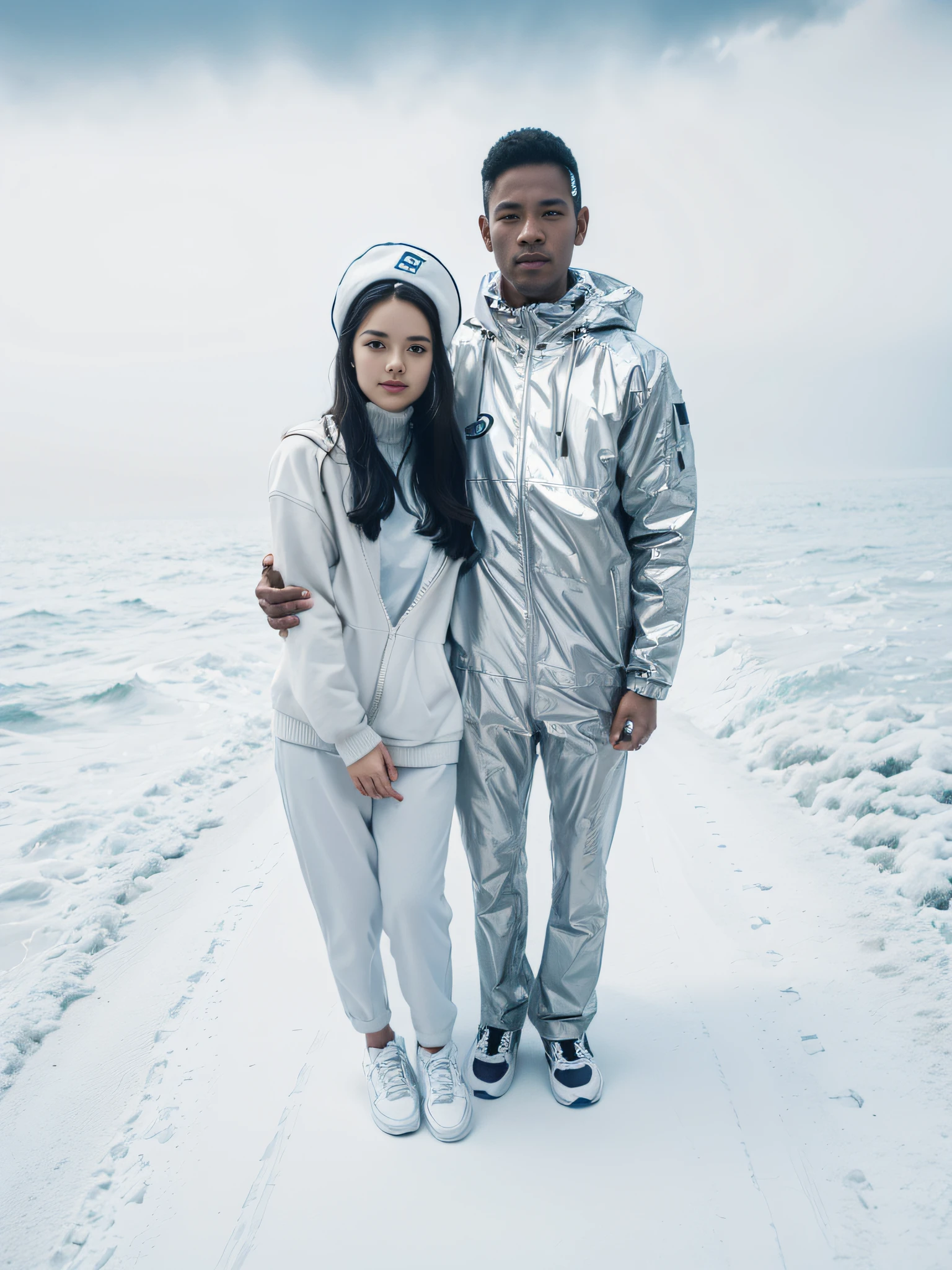 Guy and girl in sneakers, (full-length portrait:1.3), The shore of the lake during the day, There is snow, A complex and varied backstory, Гипер HD, ray traced, Structurally correct, Award-winning, higly detailed, light and shadow contrast, face lighting,Cinmatic Lighting, tmasterpiece, superdetail, hiquality, higly detailed, beste-Qualit, 16k,
