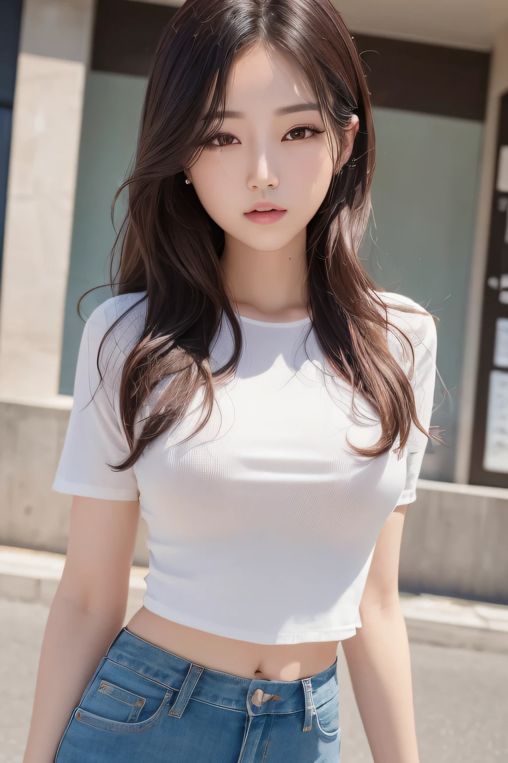 ((Top Quality, 8K, masterpiece )), 1girll, Sorrisos, (Full-body shot), Slim Faces, a pretty woman, (dark brown wavy hair), highly detailed face, (detailled eyes),Pretty hands,Slim Faces, Lovely Koreans, White shirt,I'm wearing jeans,Urban Background