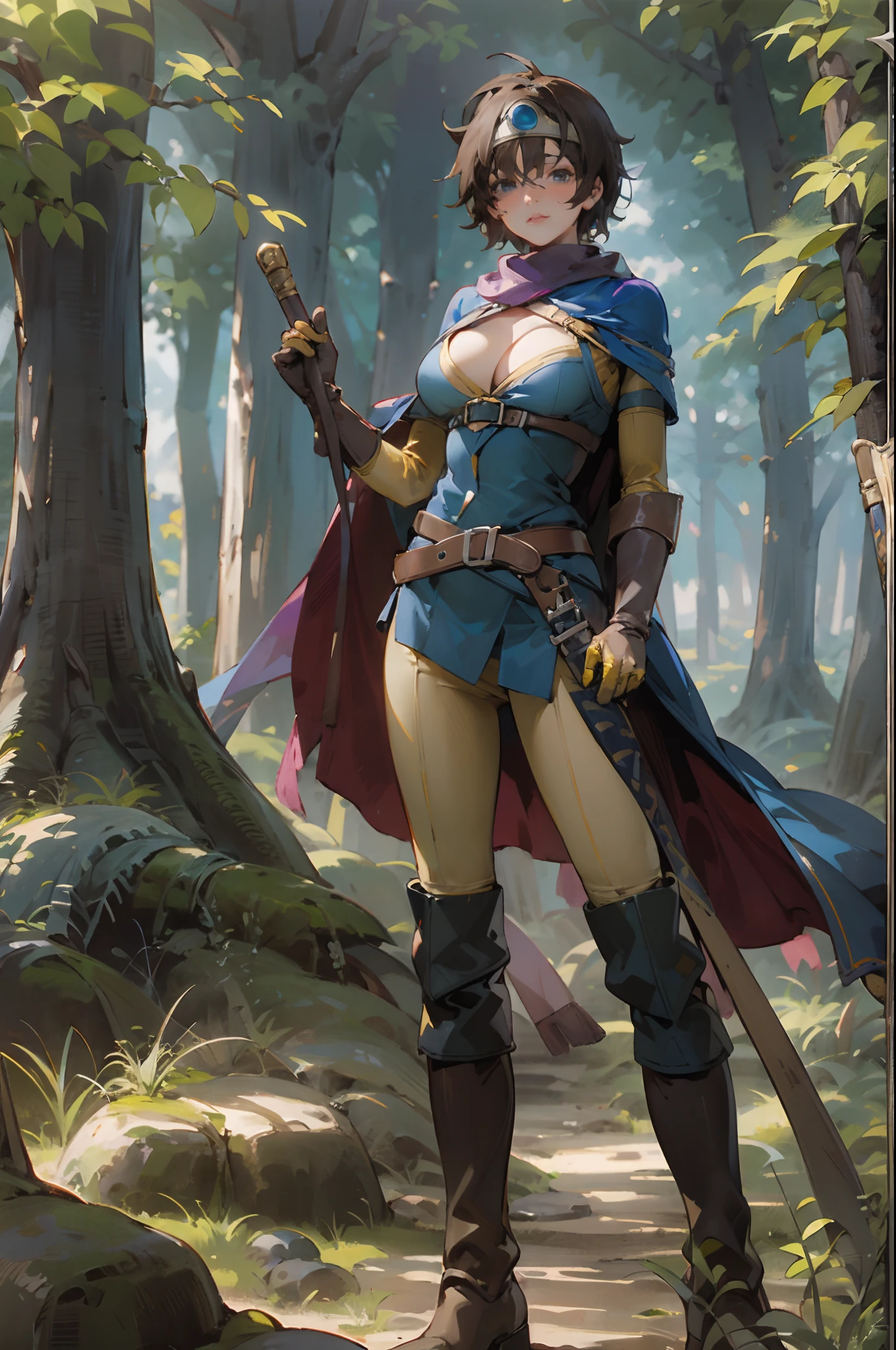 (((Top Quality: 1.4))),(Unparalleled Masterpiece), (Ultra High Definition),(Ultra-Realistic 8k CG),official art, (sheathed weapon on back:1.2), roto (dq3), 1girl, solo, short hair, brown hair, blue eyes, circlet, large breasts, cleavage, strapless, blue dress, purple cape, thighhigh boots, elbow gloves, boots, belt, scabbard,, knee boots, in dark forest,