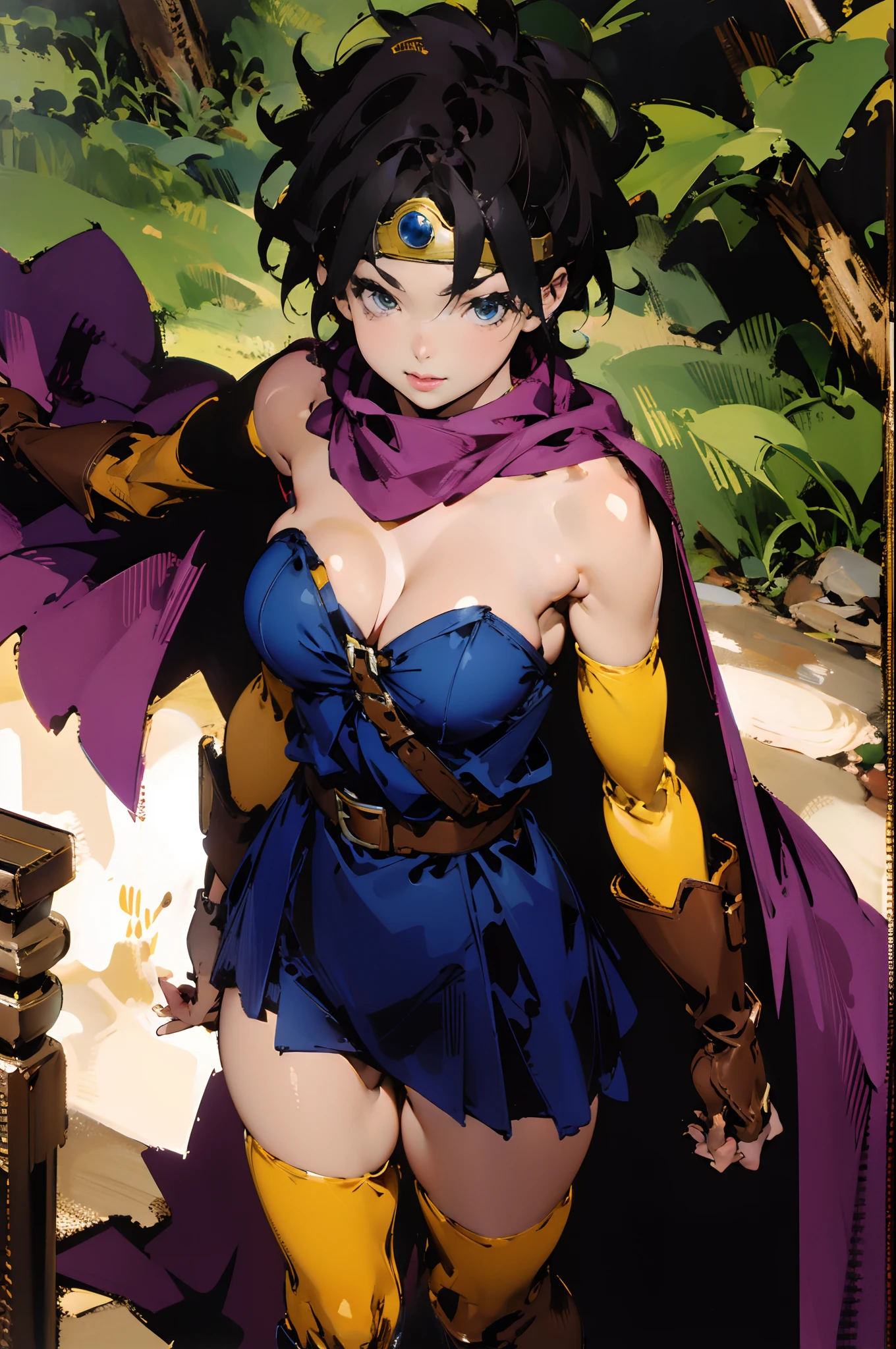 absurdres, highres, ultra detailed, (1girl:1.3), kawaiiBREAK ,official art, (sheathed weapon on back:1.2), roto (dq3), 1girl, solo, short hair, brown hair, blue eyes, circlet, large breasts, cleavage, strapless, blue dress, purple cape, thighhigh boots, elbow gloves, boots, belt, scabbard,, knee boots, in dark forest,