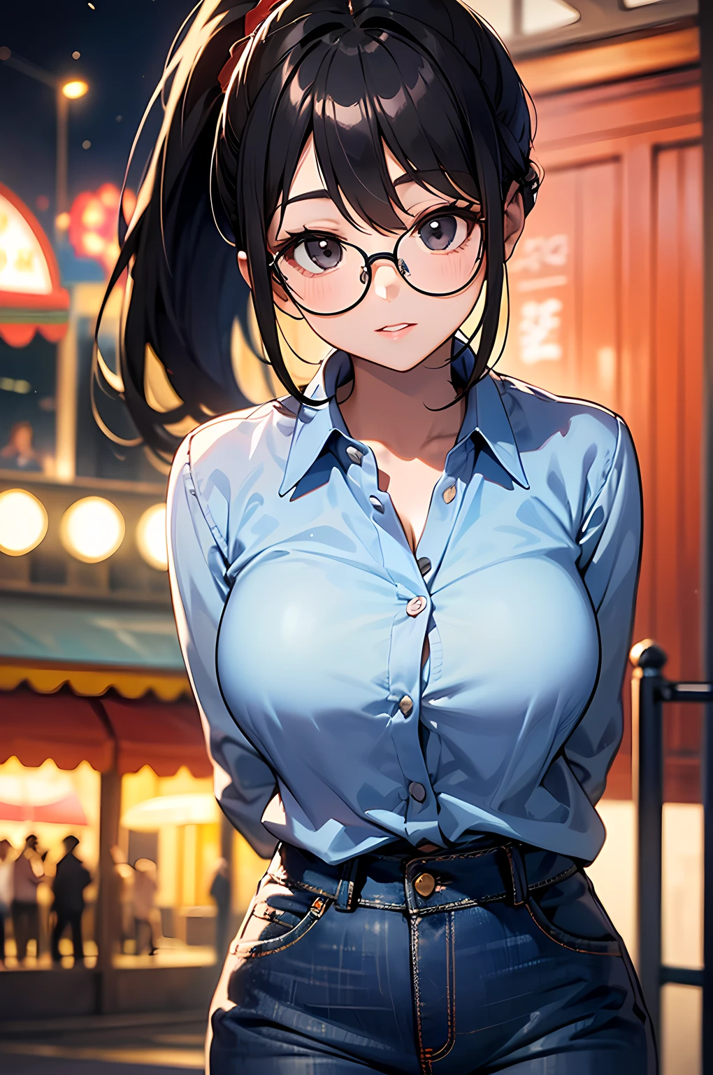 high resolution, Photo of a beautiful woman detailed_face, young handsome girl,realistic:0.5, perfect skin, (wearing a glasses:1.5), from behind:1.5, (ultra-detailed background, detailed background), bokeh, make happy expressions, happy emotion, gorgeous,pure, beautyfull detailed face and eyes,breasts, (black eyes:1.1), (a extremely pretty and beautiful Japanese woman), (sexy girl), (professional attire:1.3), (22 years old: 1.1), BREAK, (lovely outfit:1.2), (detailed blue collared shirt:1.2), (skinny denim pants:1.2), (leather boots))), cleavage, beautiful detailed skin, (cute:1.2), (black hair), ((jpop idol)), (upper thigh:0.6), (depth of field),soft light, Lens Glow looking at viewer, (Drooping eyes:1.2), straight teeth,smile, floating hair, (black hair:1.2), brown eyes BREAK scene, cinematic, full colors, 4k, 8k, 16k, RAW photo, masterpiece, professionally color graded, professional photography, high school girl, hair up, , soft clean focus, realistic lighting and shading, (an extremely delicate and beautiful art)1.3, elegant,active angle,dynamism pose BREAK (ponytail:1.3), (shiny-black thin hair:1.2), bangs, dark brown eyes, beautiful eyes, princess eyes, (big eyes:1.3), bangs, wearing a glasses:1.3, Hair between eyes, short hair:1.3, (slender:1.1), (medium-breasts:0.95), (thin waist: 1.15), (detailed beautiful girl: 1.4), Parted lips, Red lips, full-make-up face, (shiny skin), ((Perfect Female Body)), (upper body image:1.3), Perfect Anatomy, Perfect Proportions, (most beautiful Korean actress face:1.3, extremely cute and beautiful Japanese actress face:1.3), ,(1glasses girl:1.3, solo), ,(blush:1.1), gray background, solo focus, (bust shot:1.2), cinematic light, (nostalgic night scene:1.4), (amusement park:1.4), (merry-go-round、the Ferris wheel、rollercoaster), (arms behind back :1.4), (looking at viewer:1.2