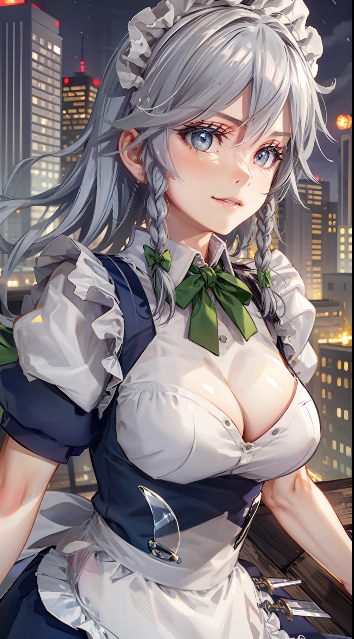 (Unity 16K Wallpaper, masutepiece, Best Quality, Ultra-detailed, extremely details CG, Cinematic lighting, Detailed, Beautiful detailed eyes, Solo),超A high resolution,Fine skin,A sexy,maid, maid apronl, Maid headdress,Knives,Seductive smile,From below,throwing knife,Floating hair, Outdoors, Wind, Indoors,
