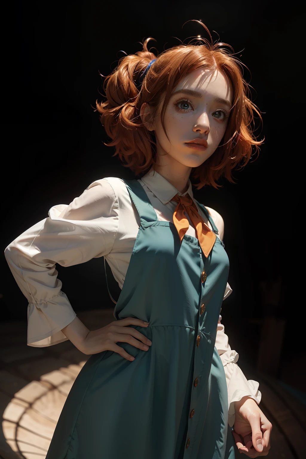 concept art, overhead angle of a Will-o'-the-wisp, wearing Funny Somali Emerald deep orange Pinafore, Caramel hair styled as Short hair, fluorescent purple Hair tie, equirectangular 360, Highres,  [(art by Willi Baumeister:1.1), (art by John T. Biggers:1.2)::17], official art, unity 8k wallpaper, ultra detailed, aesthetic, masterpiece, best quality, photorealistic