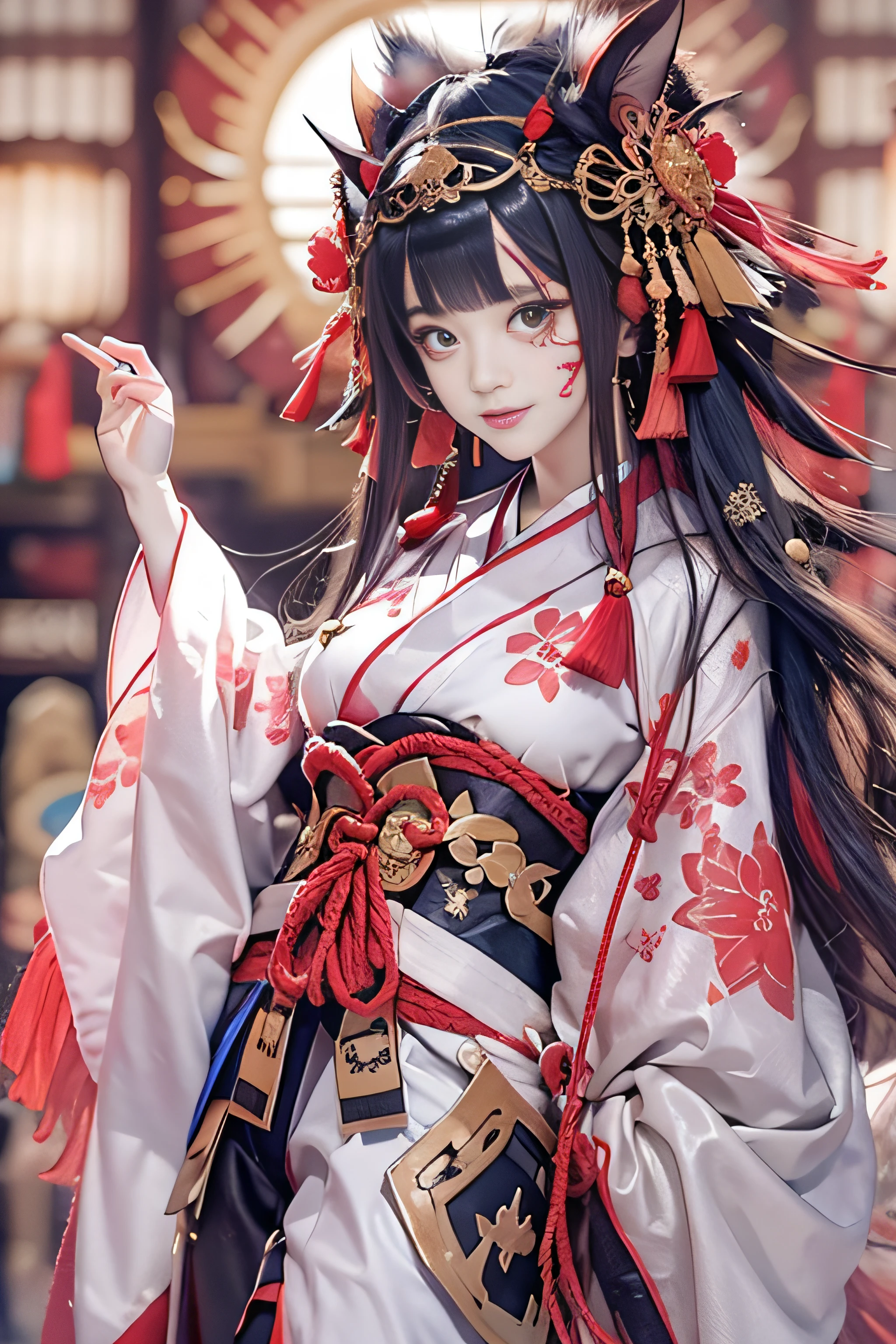 masutepiece, Best Quality,Unity 8k壁纸, ultra-detailliert, Beautiful and aesthetic, Beautiful, Official art, Amaterasu Priestess,, Spell of Darkness, Blessing of the Goddess, divine intervention,The Darkness、Black kimono、Colossal tits、Black hair, Yellow eyes, Long hair, armor, gloves,Hair Ornament, earrings, Red rope,pelvis curtain, Sandals, elbow groves,Thigh Boot Helmet,Pants, Taiko knot,facial mark、Be sure to wear a kimono、I-Cup、The face is beautiful