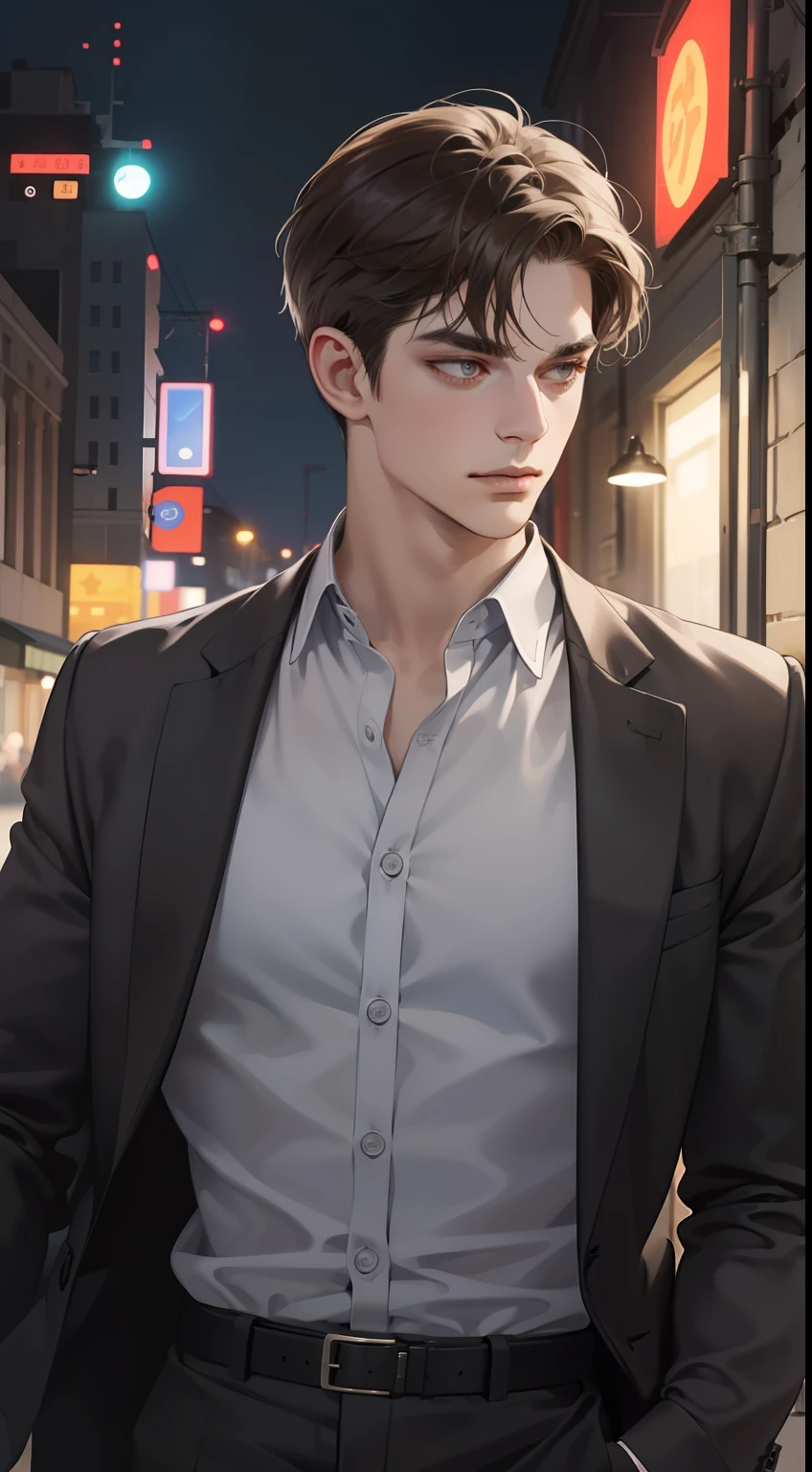 masterpiece, best quality, realistic, 1man, mature male, quiet and charming young man, 25 years old, close his eyes, serious look, extremely detailed face, ((dark grey eyes)), ((short-right-swept dark brown hair)), [thick eyebrows], detective, int the city, ((suit)), cinematic lighting, looking at the audience, posture dynamics, smirk