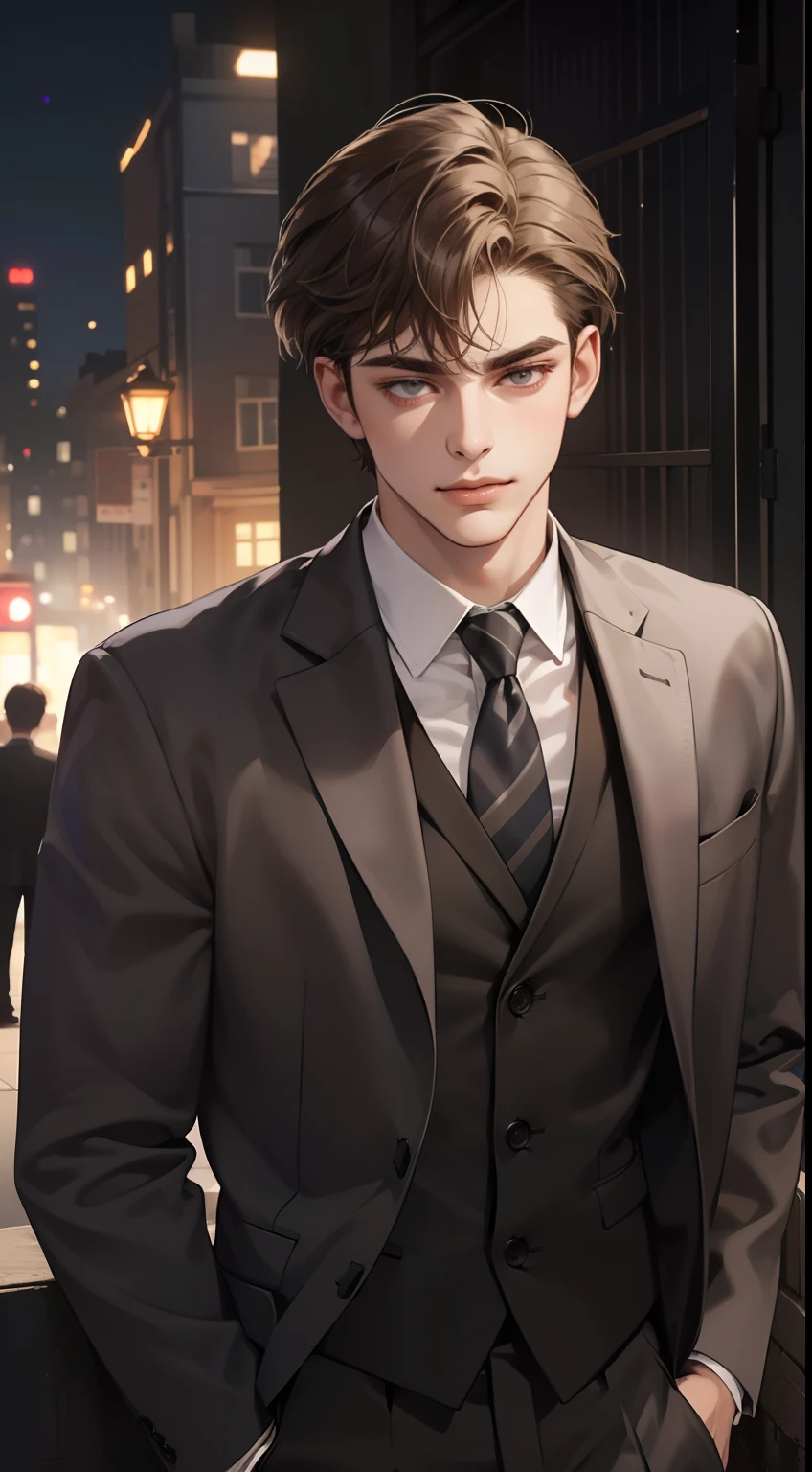 masterpiece, best quality, realistic, 1man, mature male, quiet and charming young man, 25 years old, close his eyes, serious look, extremely detailed face, ((dark grey eyes)), ((short-right-swept dark brown hair)), [thick eyebrows], detective, int the city, ((suit)), cinematic lighting, looking at the audience, posture dynamics, smirk