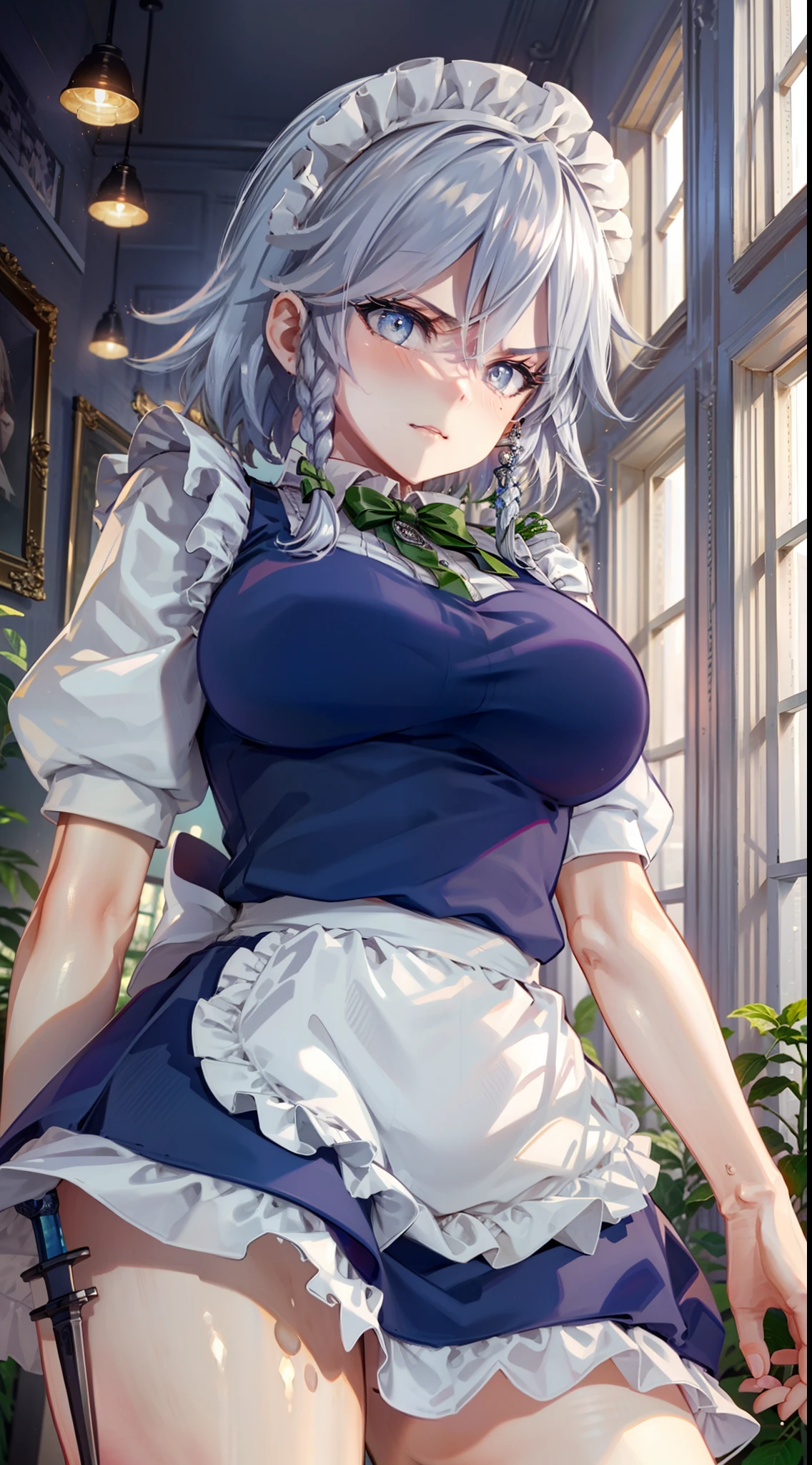 (Unity 16K Wallpaper, masutepiece, Best Quality, Ultra-detailed, extremely details CG, Cinematic lighting, Detailed, Beautiful detailed eyes, Solo),超A high resolution,Fine skin,A sexy,maid, maid apronl, Maid headdress,Knives, blush, angry, From below, Indoors,