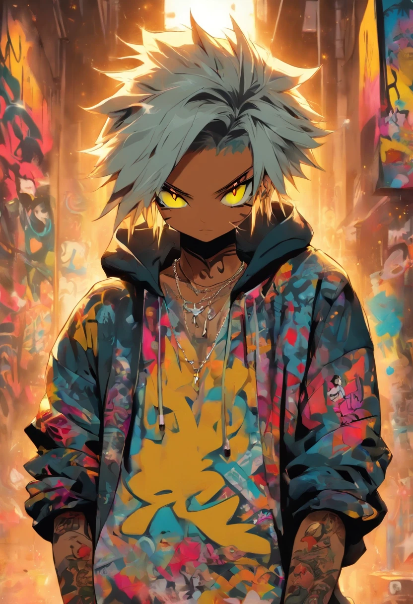 A cool and trendy cat, white hair, yellow eyes, wearing trendy hip hop clothing, wearing a hoodie, graphic t-shirt and torn jeans, tons of tattoos and piercings, graffiti style background, highly detailed background, perfect masterpiece, high quality, high resolution