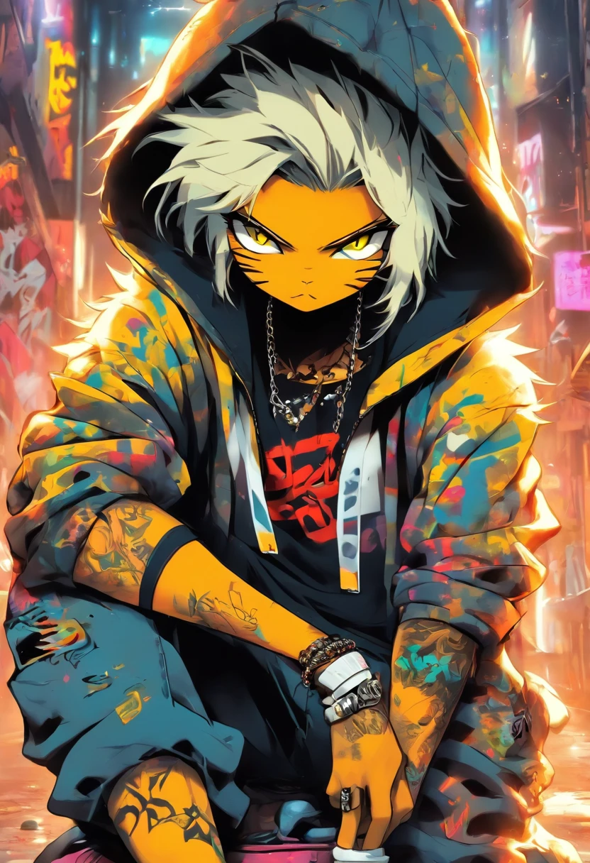 A cool and trendy cat, white hair, yellow eyes, wearing trendy hip hop clothing, wearing a hoodie, graphic t-shirt and torn jeans, tons of tattoos and piercings, graffiti style background, highly detailed background, perfect masterpiece, high quality, high resolution