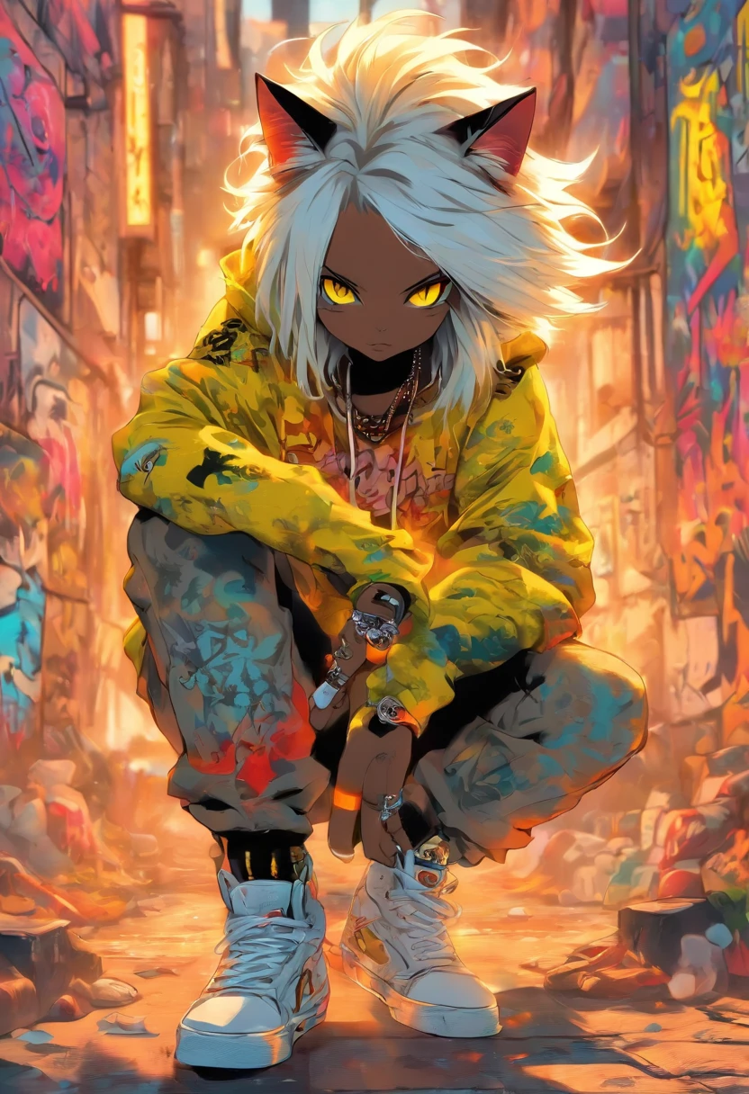 A cool and trendy cat, white hair, yellow eyes, wearing trendy hip hop clothing, wearing a hoodie, graphic t-shirt and torn jeans, tons of tattoos and piercings, graffiti style background, highly detailed background, perfect masterpiece, high quality, high resolution