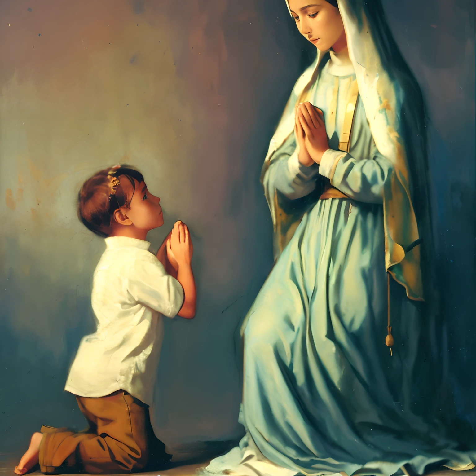 Painting of a kneeling to pray to the Virgin Mary, Directed by: Juan O'Gorman, Virgem Maria, catholic religious art, Directed by: Antonio Ciseri, kneeling in prayer, Directed by: Antonio de la Gandara, Directed by: Harry Shoulberg, Directed by: Dorothy Bradford, praying, ( Arte Fitzpatrick ), Com o Menino Jesus, artista desconhecido, Ajoelhado