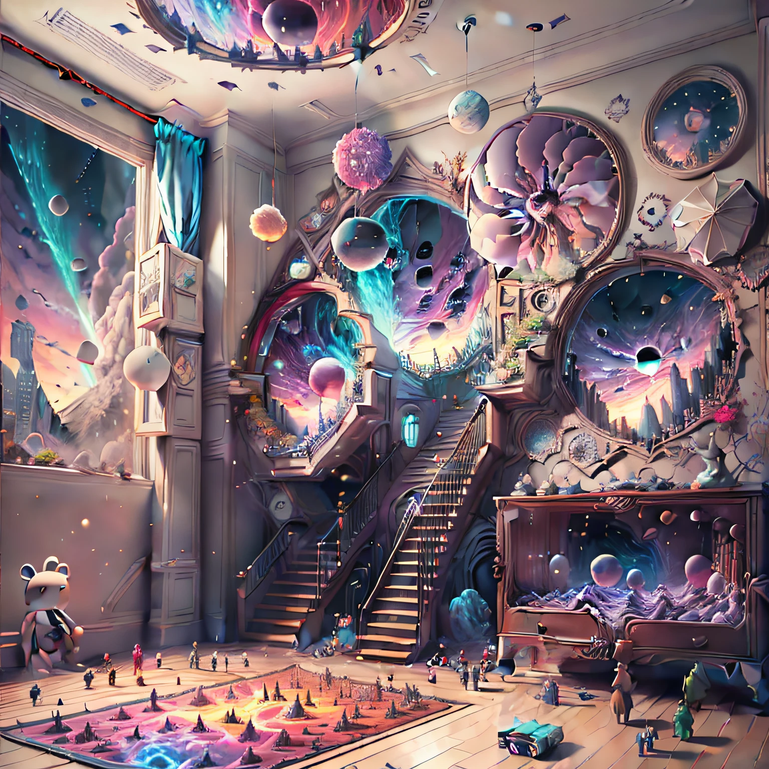 A very detailed and very high quality children's room,The walls overlook parallel universes, Full of bright colors and animated toys. hyper HD, 8K, rendering by octane, Near-perfect scene, hyperdétaillée