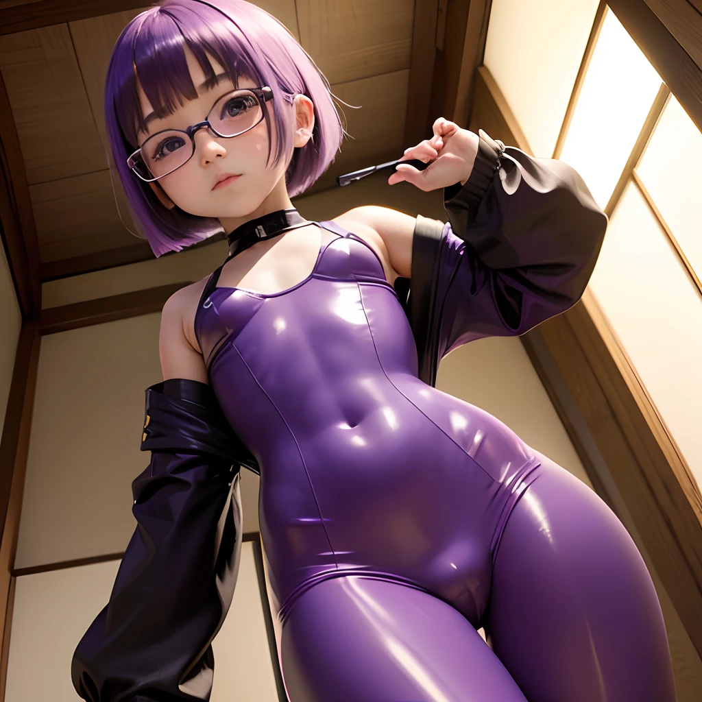 Japanese girl、 body suit、flat chest、eye glasses、Light purple hair、Long bob cut、a baby face、View the whole body from below