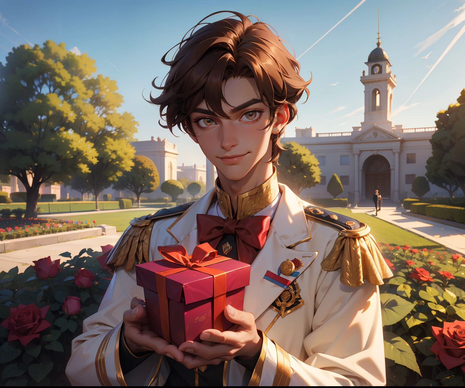 (absurdres, highres, ultra detailed), 1 male, adult, handsome, tall, Brown hair, finely detailed opal Honey eyes and detailed face, prince uniform, smile, outdoors, palace rose garden, sunlight, 8k resolution, with a lot of gifts around him, with an iPhone 15 pro max phone in her hands with a bow to give as a gift