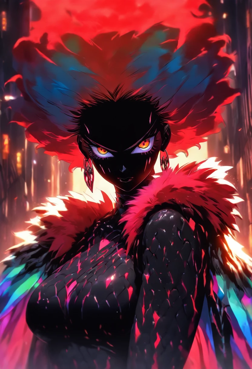 beautiful horror girl, blood queen armor with fur, dark skin, (big tit), rainbow short hair, bone poncho, dark limbo, sexy pose, 8k