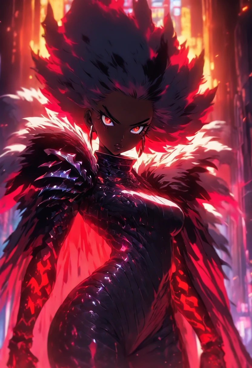beautiful horror girl, blood queen armor with fur, dark skin, (big tit), rainbow short hair, bone poncho, dark limbo, sexy pose, 8k
