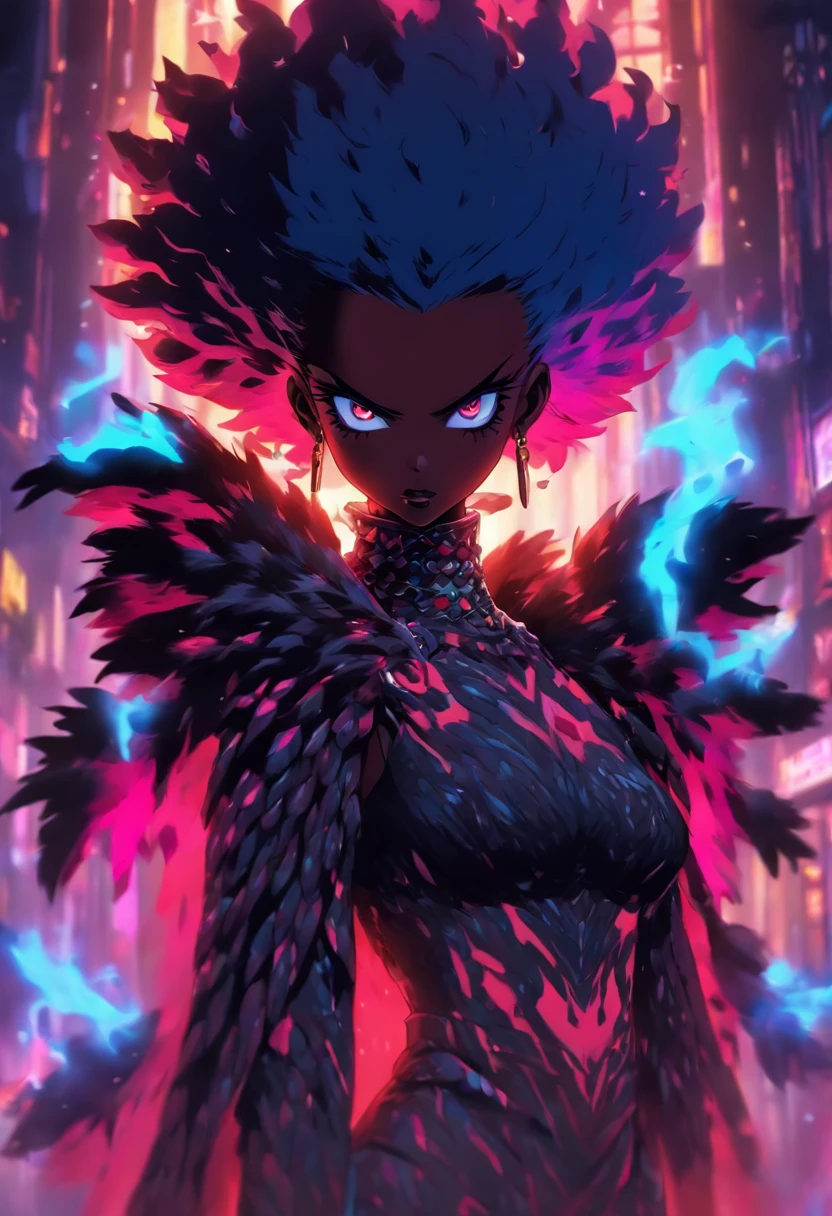 beautiful horror girl, blood queen armor with fur, dark skin, (big tit), rainbow short hair, bone poncho, dark limbo, sexy pose, 8k