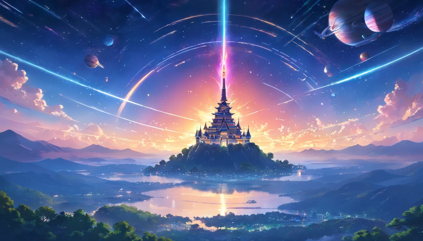 Japan castle floating in outer space、Japan castle wandering in space、cosmic space、Japan castle located next to Saturn、Saturn、