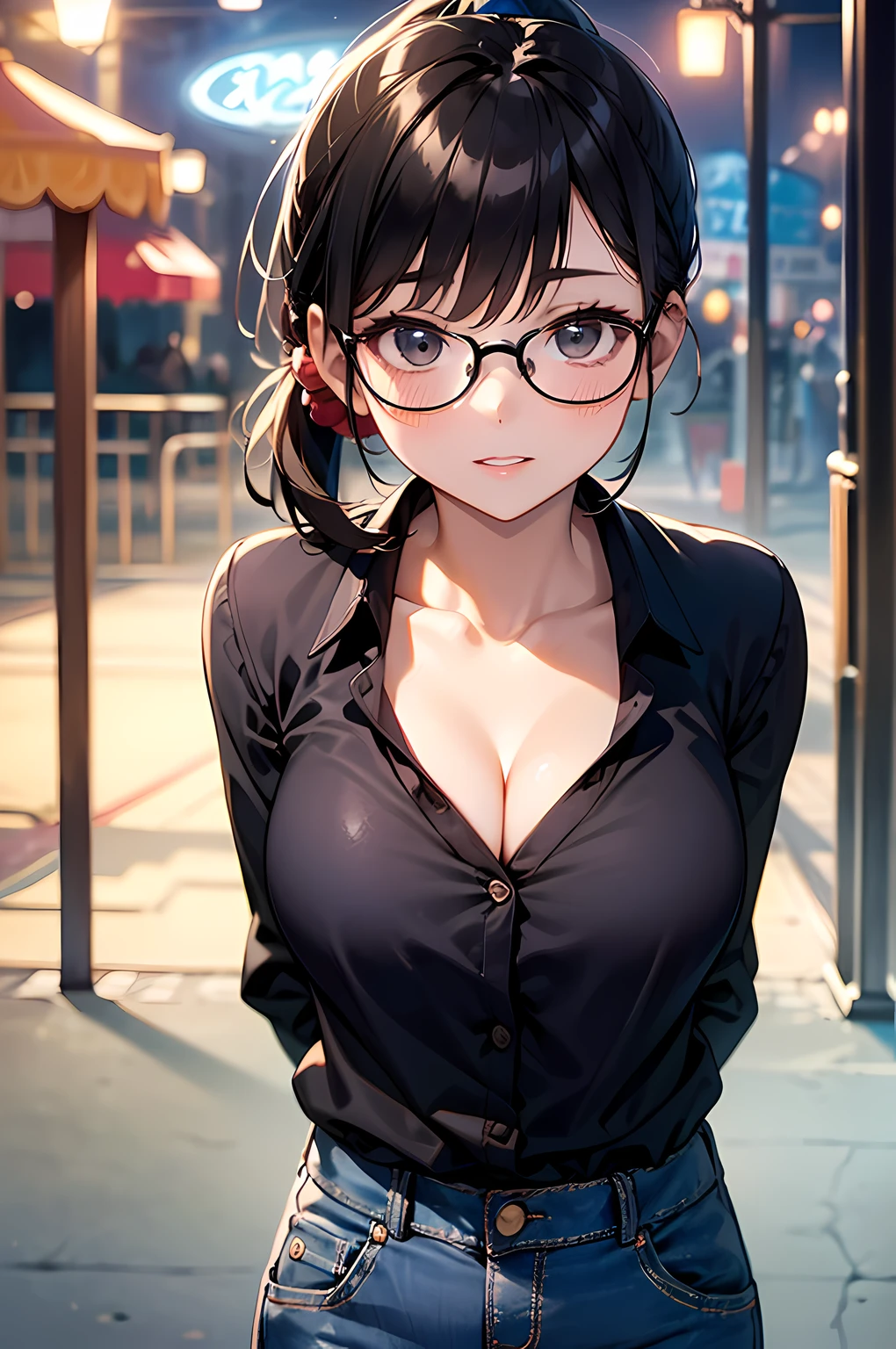 high resolution, Photo of a beautiful woman detailed_face, young handsome girl,realistic:0.5, perfect skin, (wearing a glasses:1.5), from behind:1.5, (ultra-detailed background, detailed background), bokeh, make happy expressions, happy emotion, gorgeous,pure, beautyfull detailed face and eyes,breasts, (black eyes:1.1), (a extremely pretty and beautiful Japanese woman), (sexy girl), (professional attire:1.3), (22 years old: 1.1), BREAK, (lovely outfit:1.2), (detailed blue collared shirt:1.2), (skinny denim pants:1.2), (leather boots))), cleavage, beautiful detailed skin, (cute:1.2), (black hair), ((jpop idol)), (upper thigh:0.6), (depth of field),soft light, Lens Glow looking at viewer, (Drooping eyes:1.2), straight teeth,smile, floating hair, (black hair:1.2), brown eyes BREAK movie scene, cinematic, full colors, 4k, 8k, 16k, RAW photo, masterpiece, professionally color graded, professional photography, high school girl, hair up, , soft clean focus, realistic lighting and shading, (an extremely delicate and beautiful art)1.3, elegant,active angle,dynamism pose BREAK (ponytail:1.3), (shiny-black thin hair:1.2), bangs, dark brown eyes, beautiful eyes, princess eyes, (big eyes:1.3), bangs, wearing a glasses:1.3, Hair between eyes, short hair:1.3, (slender:1.1), (medium-breasts:0.95), (thin waist: 1.15), (detailed beautiful girl: 1.4), Parted lips, Red lips, full-make-up face, (shiny skin), ((Perfect Female Body)), (upper body image:1.3), Perfect Anatomy, Perfect Proportions, (most beautiful Korean actress face:1.3, extremely cute and beautiful Japanese actress face:1.3), ,(1glasses girl:1.3, solo), ,(blush:1.1), gray background, solo focus, (bust shot:1.2), cinematic light, (nostalgic night scene:1.4), (amusement park:1.4), (merry-go-round、the Ferris wheel、rollercoaster), (arms behind back :1.4), (looking at viewer:1.2