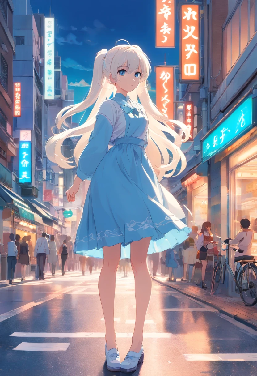 White color hair,Double ponytail curls,blue color eyes,White ta,Beth,A bustling city street