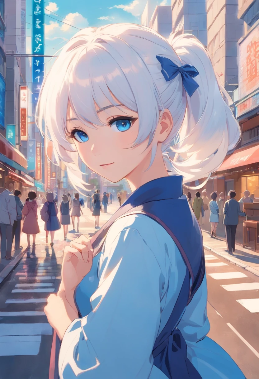 White color hair，Double ponytail curls，blue color eyes，White Lolita，Beth，A bustling city street