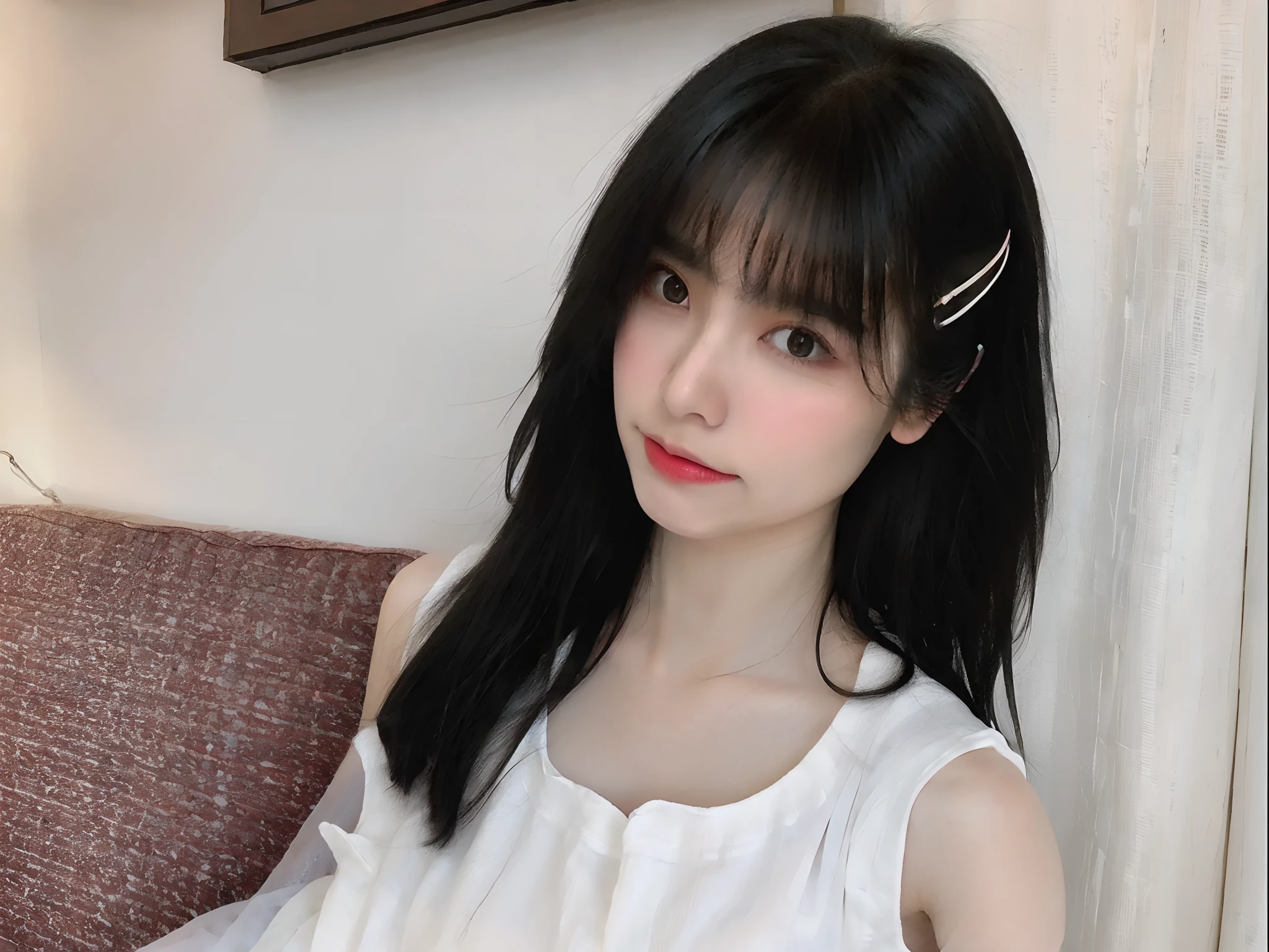 1girl, tanktop, long hair, black hair,